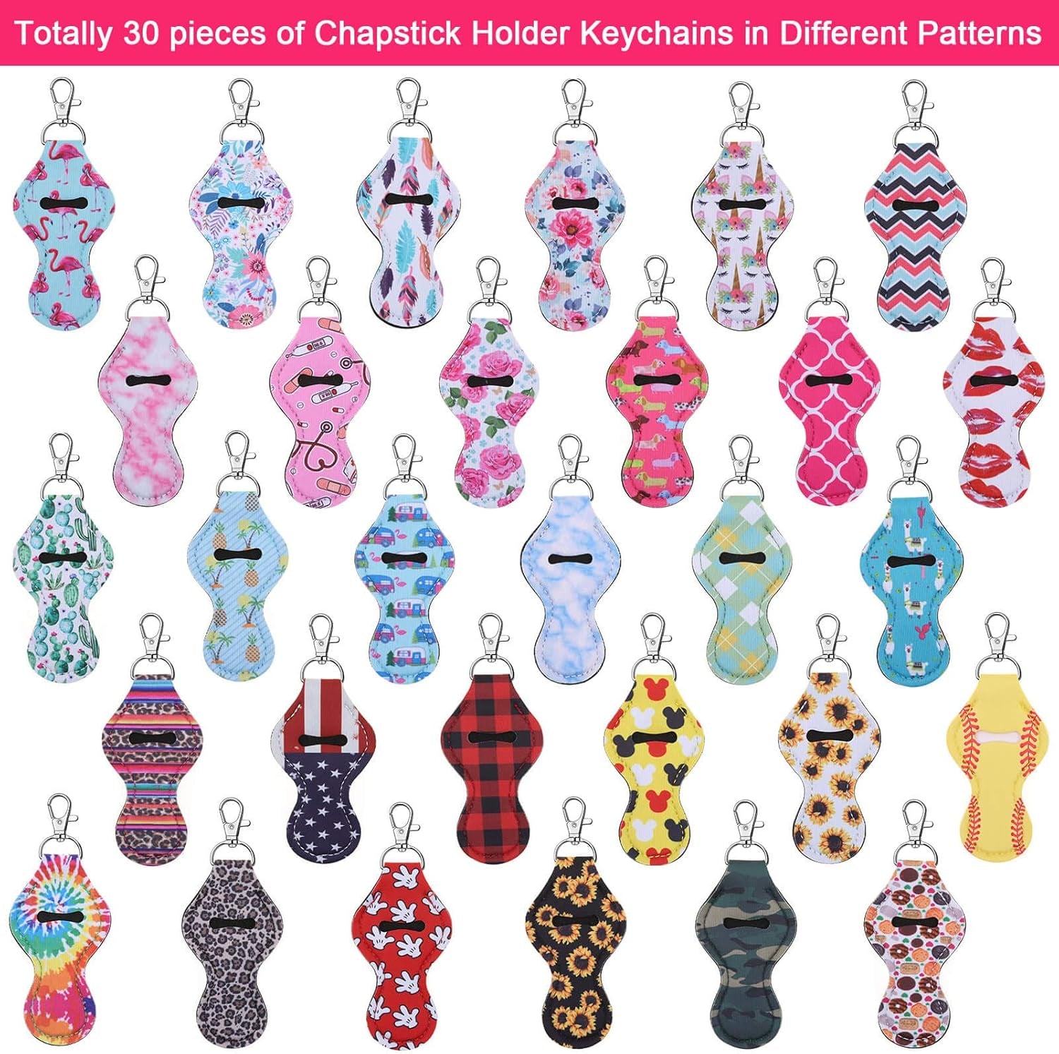 Chapstick Holder Keychain, 30Pcs Lip Balm Holder with Clip, Chapstick Lipstick Lipgloss Holder Bulk for Lanyards, Keychain