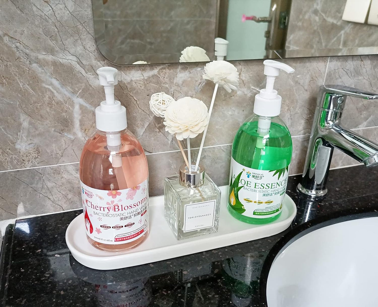 Ceramic Sink Tray, Bathroom Counter and Bathtub Organizer, Cosmetics Dish, Candle Holder, Perfume Shampoo Liquid Soap Holder - Simple Style Design for Bathroom and Kitchen (2Pcs White)