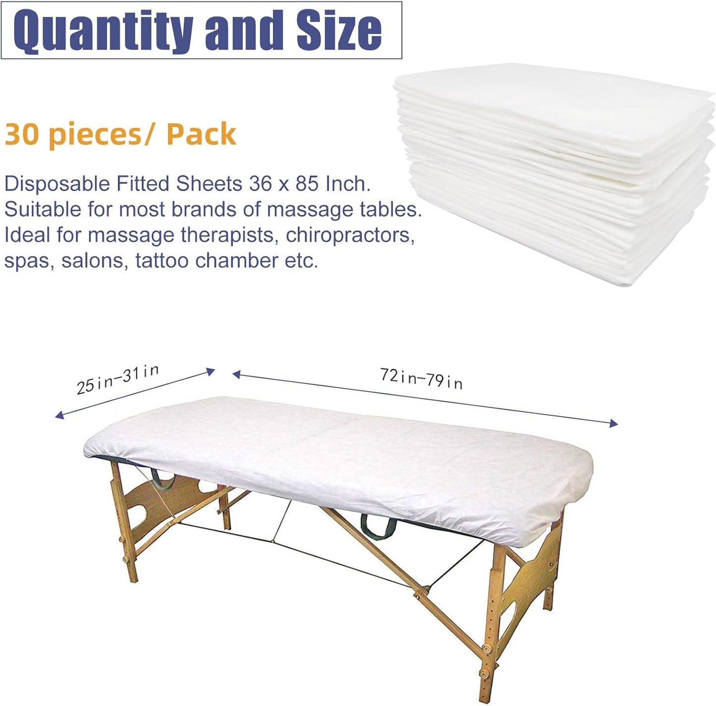 30PCS Disposable Fitted Massage Table Sheets, Heavy Duty Elastic Disposable Bed Cover, Breathable Disposable Fitted Sheets for Spa White Non Woven Fabric 36 X 85 Inch