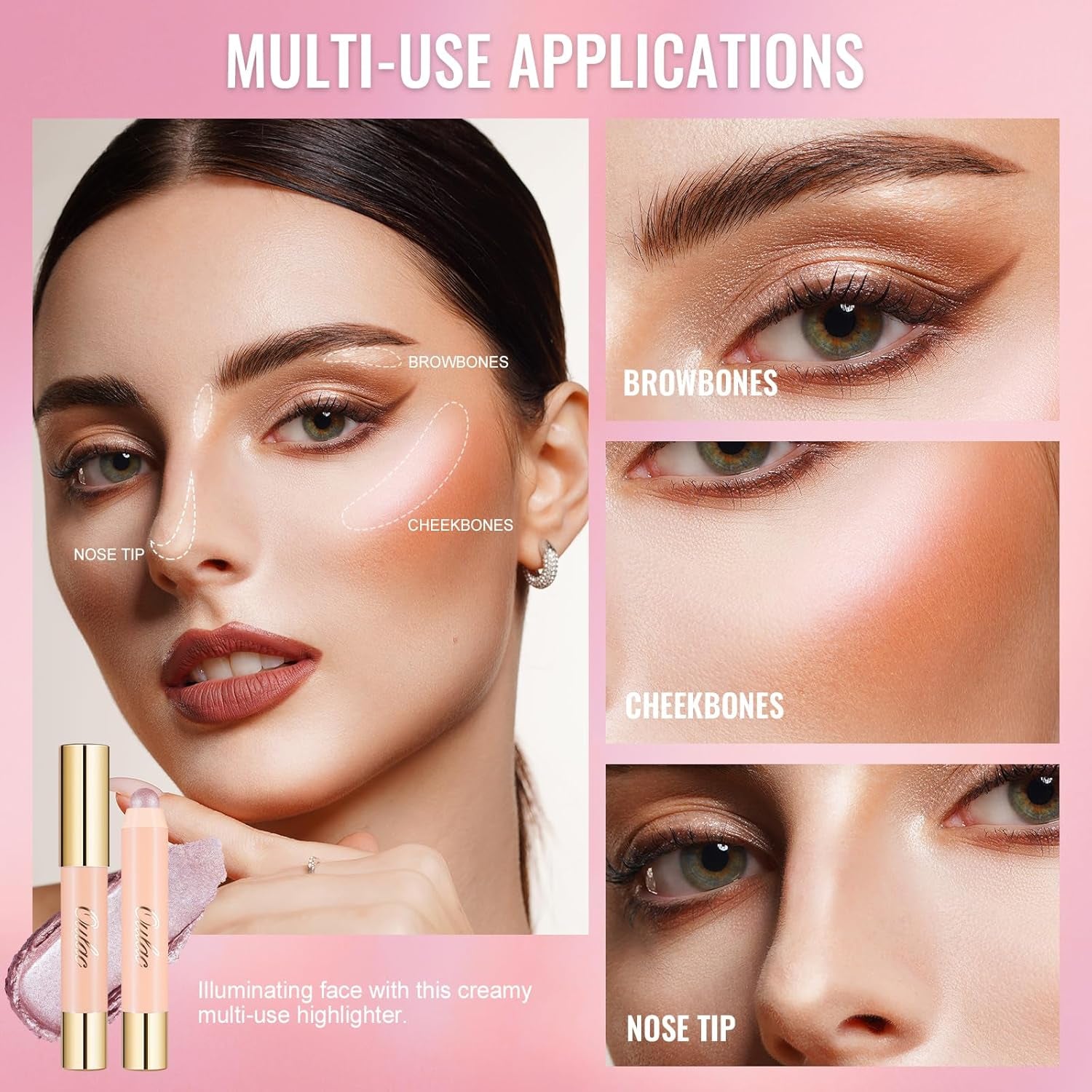 Face Highlighter Stick, Multi-Use Cream Highlighter Makeup Stick, Face Highlighters & Luminizers, No Caking or Dragging, Metallic Finish, Vegan & Cruelty-Free, H2 Butter