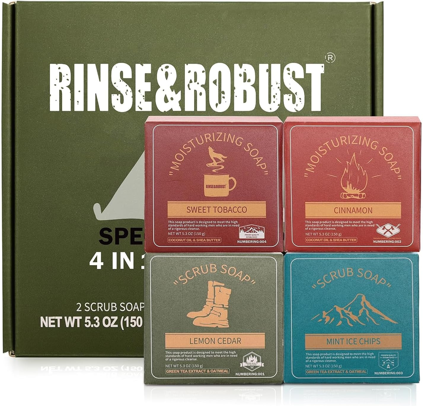 Mens Bar Soap 4Pcs Natural Soap Bar Set Cleansing Bar Moisturizing&Exfoliating Scrub Soap Gift Set Travelling for Men Face Body Hand Beard Wash 4 in 1 All Skin Type |5.3 Oz of 4 Bars