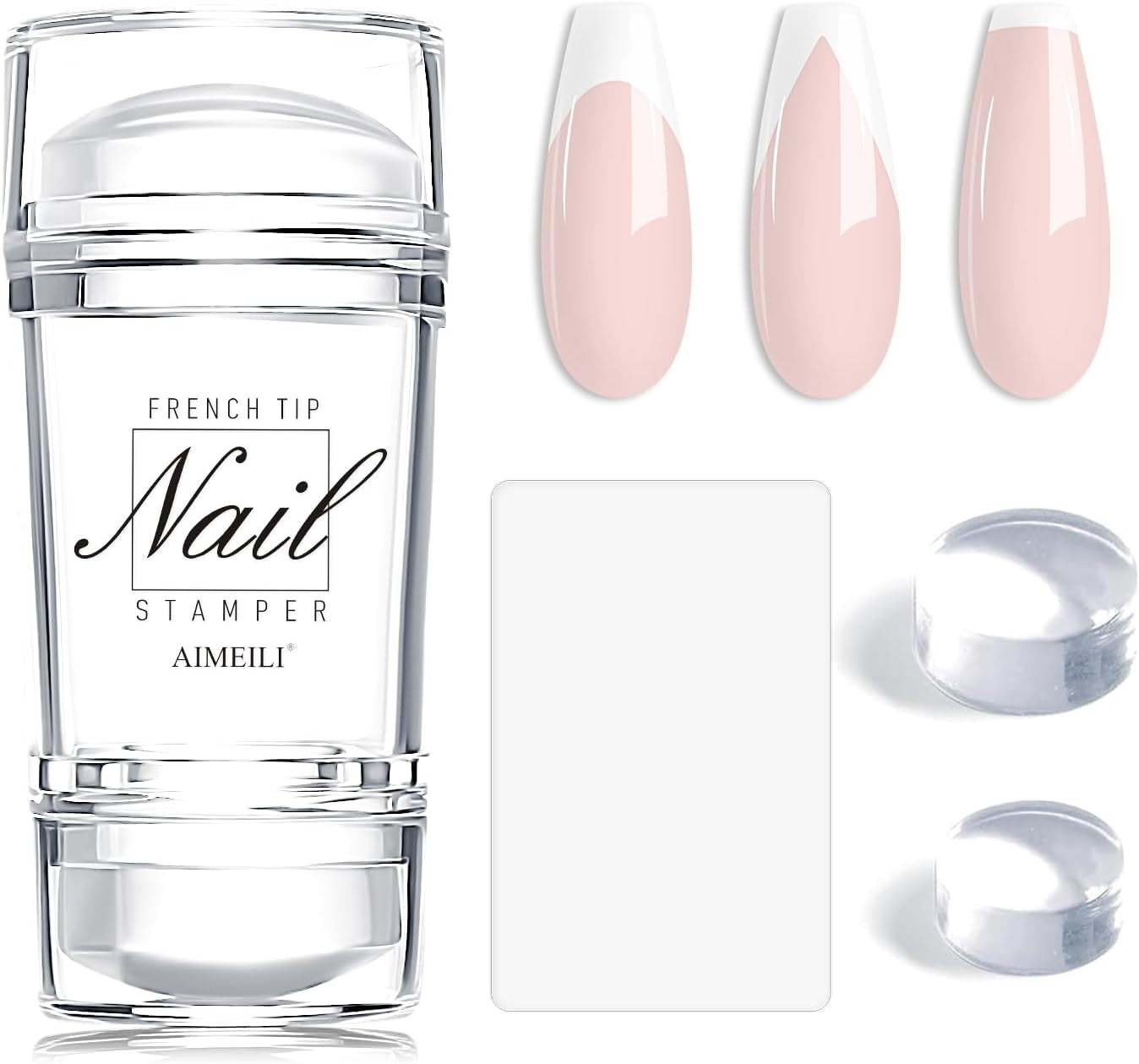 French Tip Nail Stamp - 4PCS Nail Art Clear Nail Stamper Kit with Replacement Nail Stamper Heads and Silicone Scrapers for French Manicure Home DIY Nail Salon