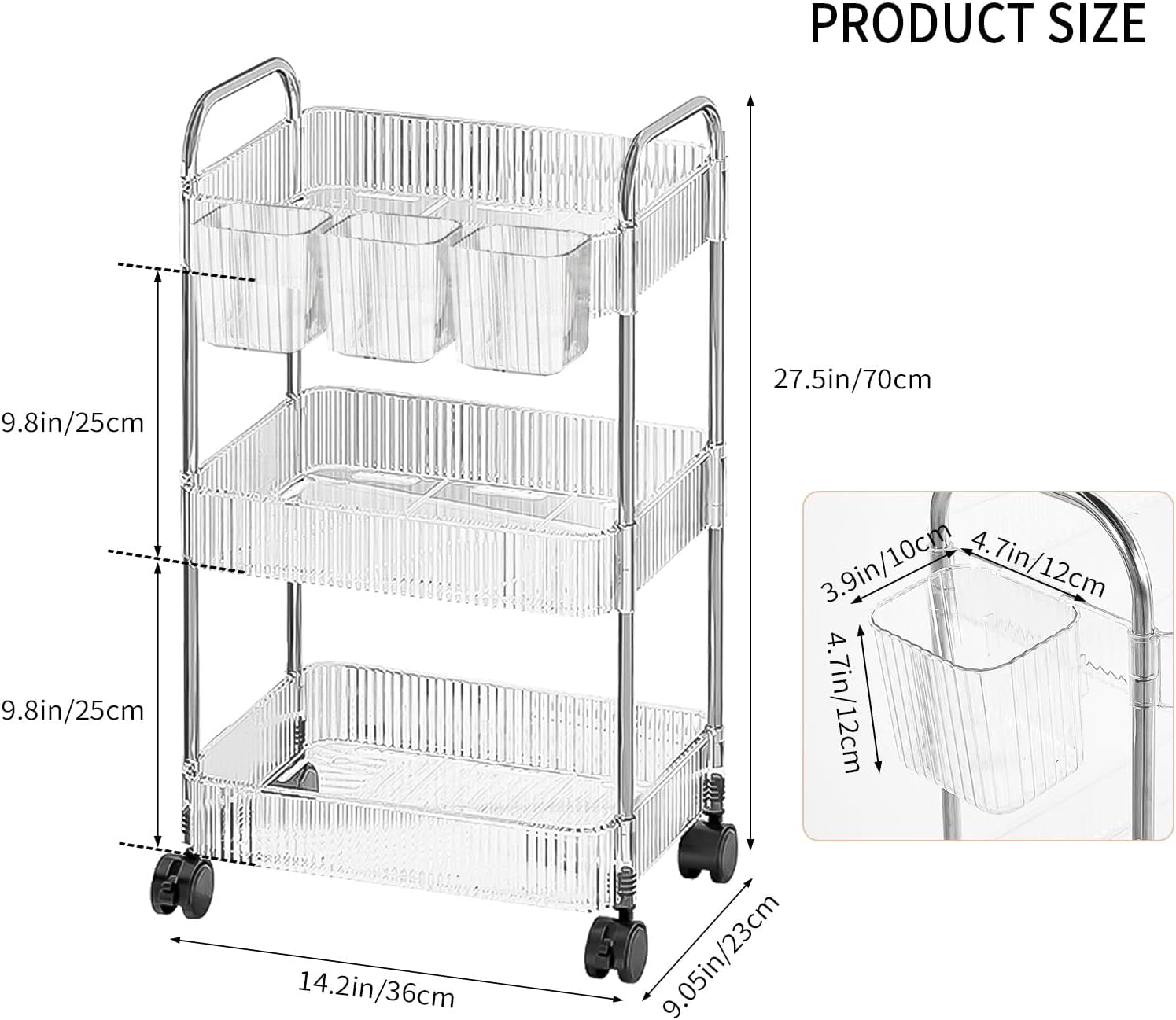 Acrylic Rolling Cart - 3 Tier Storage Organizer on Wheels for Bathroom, Makeup, Skincare, Cosmetic, Perfume, and Beauty Products