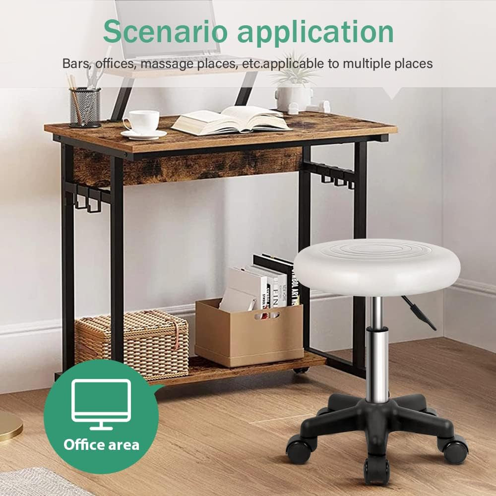 round Swivel Stool with Wheels PU Leahter Rolling Stool Height Adjustable Stool for Spa Salon Massage White