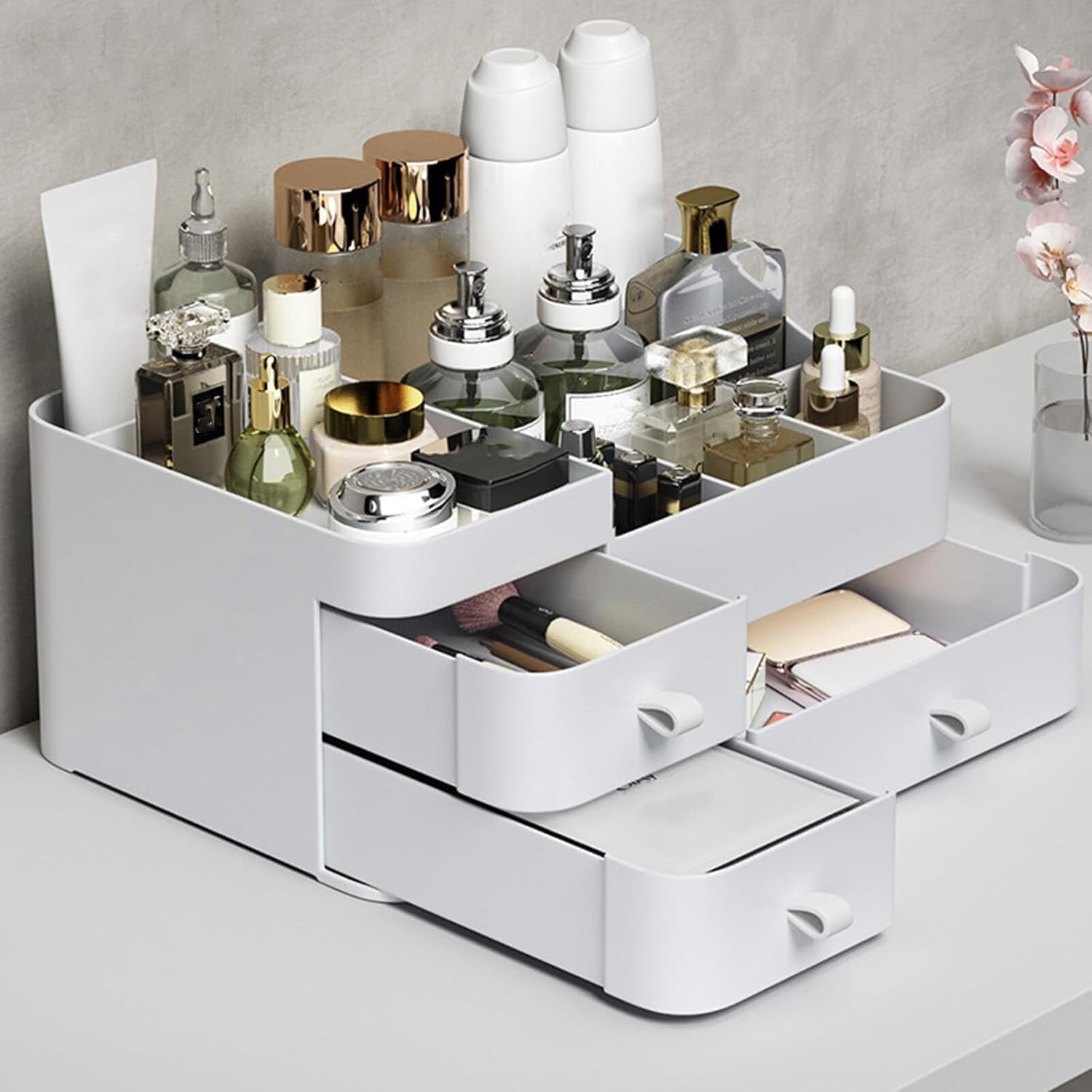 Makeup Organizer with Drawers, Large Capacity Countertop Organizer for Vanity, Skin Care Cosmetic Display Case, Cosmetics Organizer Shelf