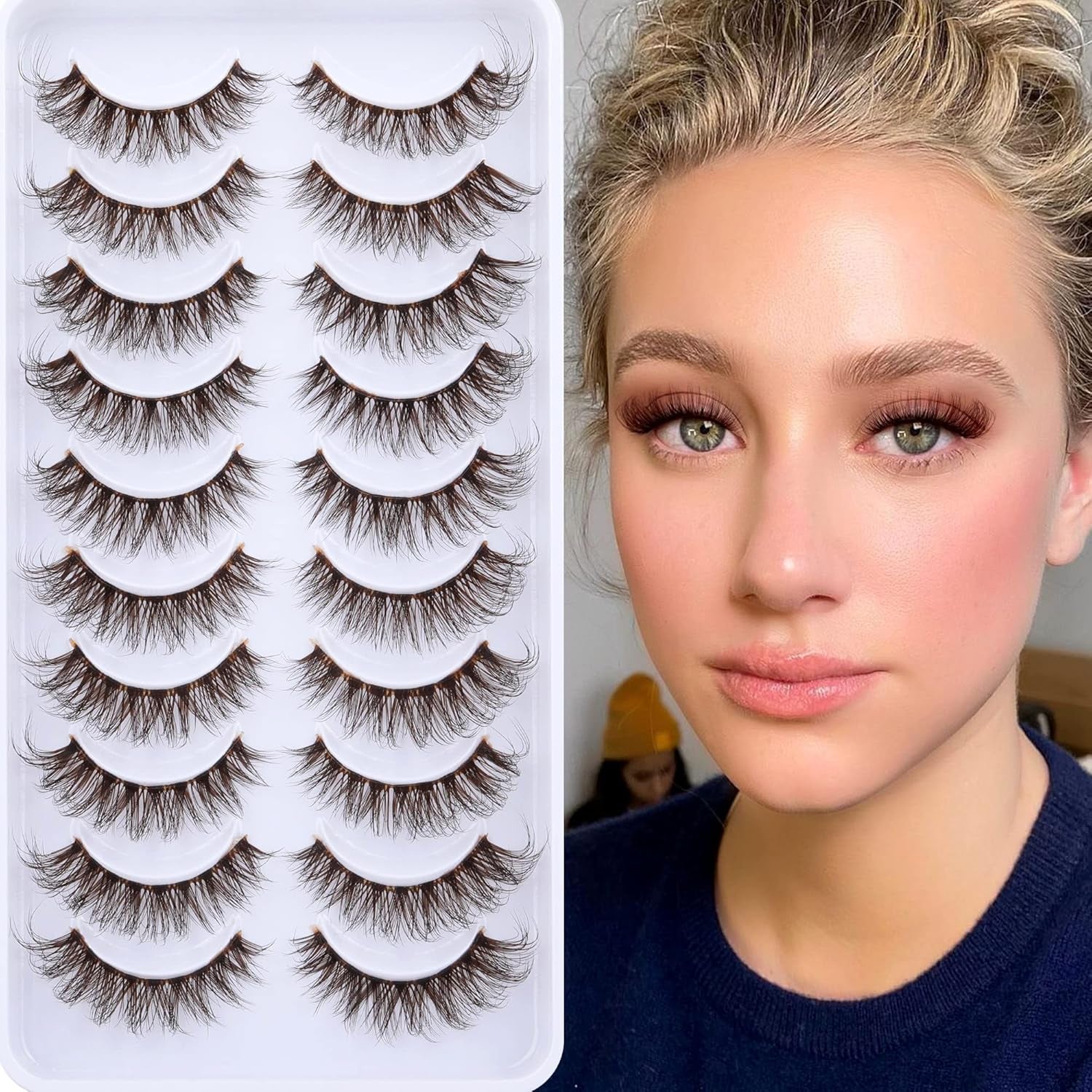 Brown Lashes Natural Look False Eyelashes Cat Eye Natural Lashes Clear Band 14MM Fluffy Wispy False Lashes Strip 10 Pairs