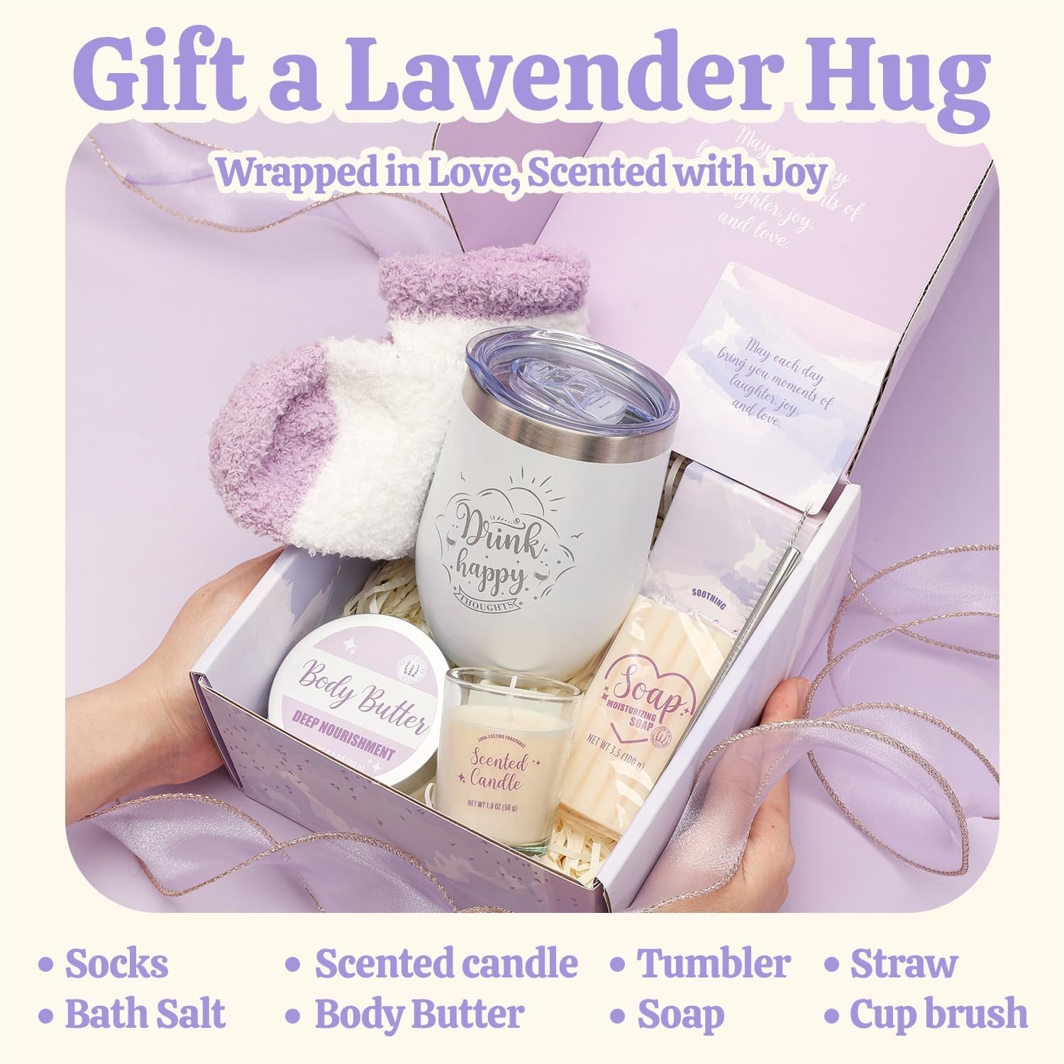 Birthday Gifts for Women Bff Love 8Pc Self Care Gifts for Women, Gift Baskets for Women Lavender Spa Gift Set for Women with Vacuum Insulated Tumbler Christmas Gift Sets for Women