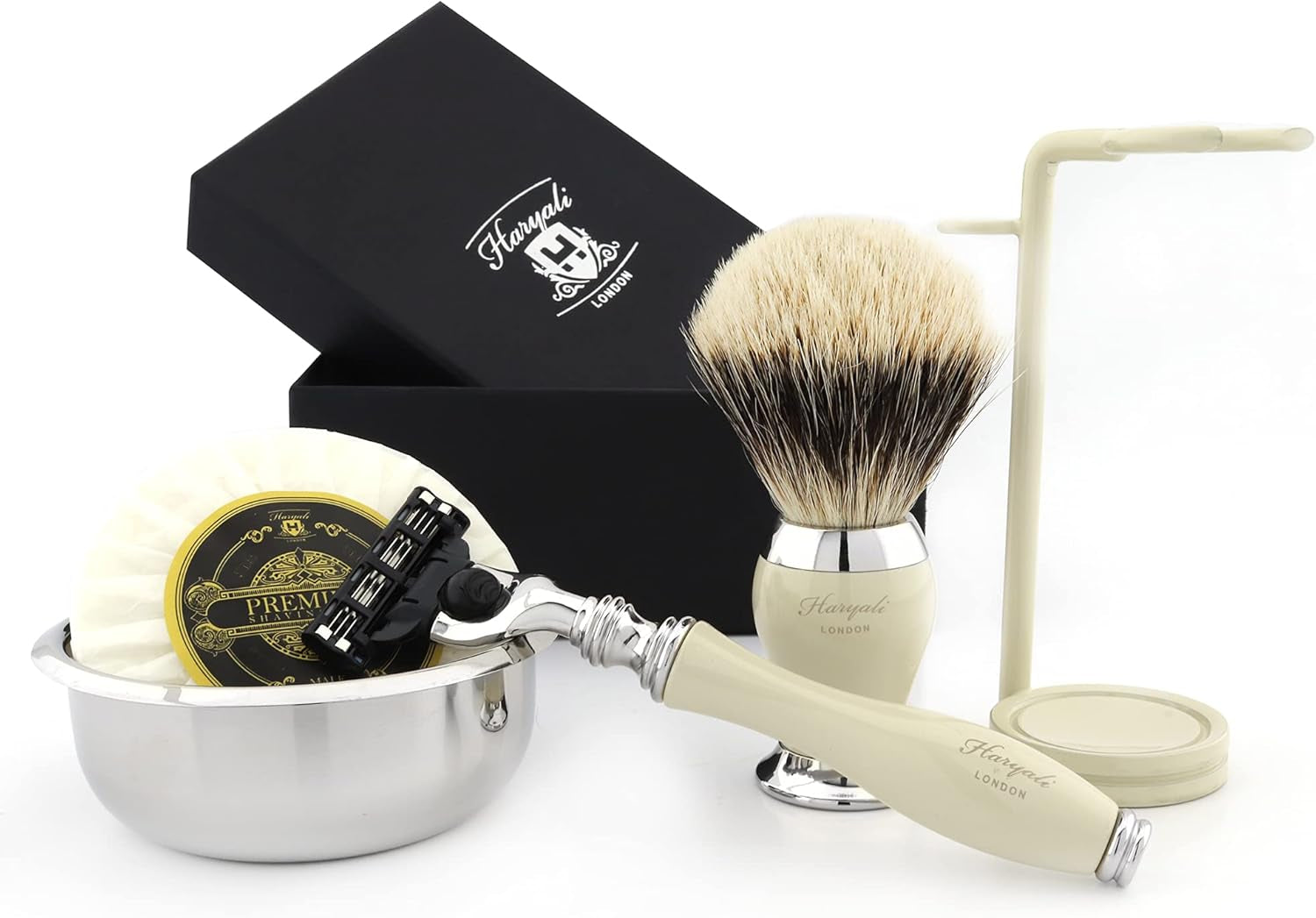 Luxury Shaving Set for Men Featuring Top Grade Silver Tip Brush, Gillette Mach3, Dual Stand, Engraved Bowl & Soap