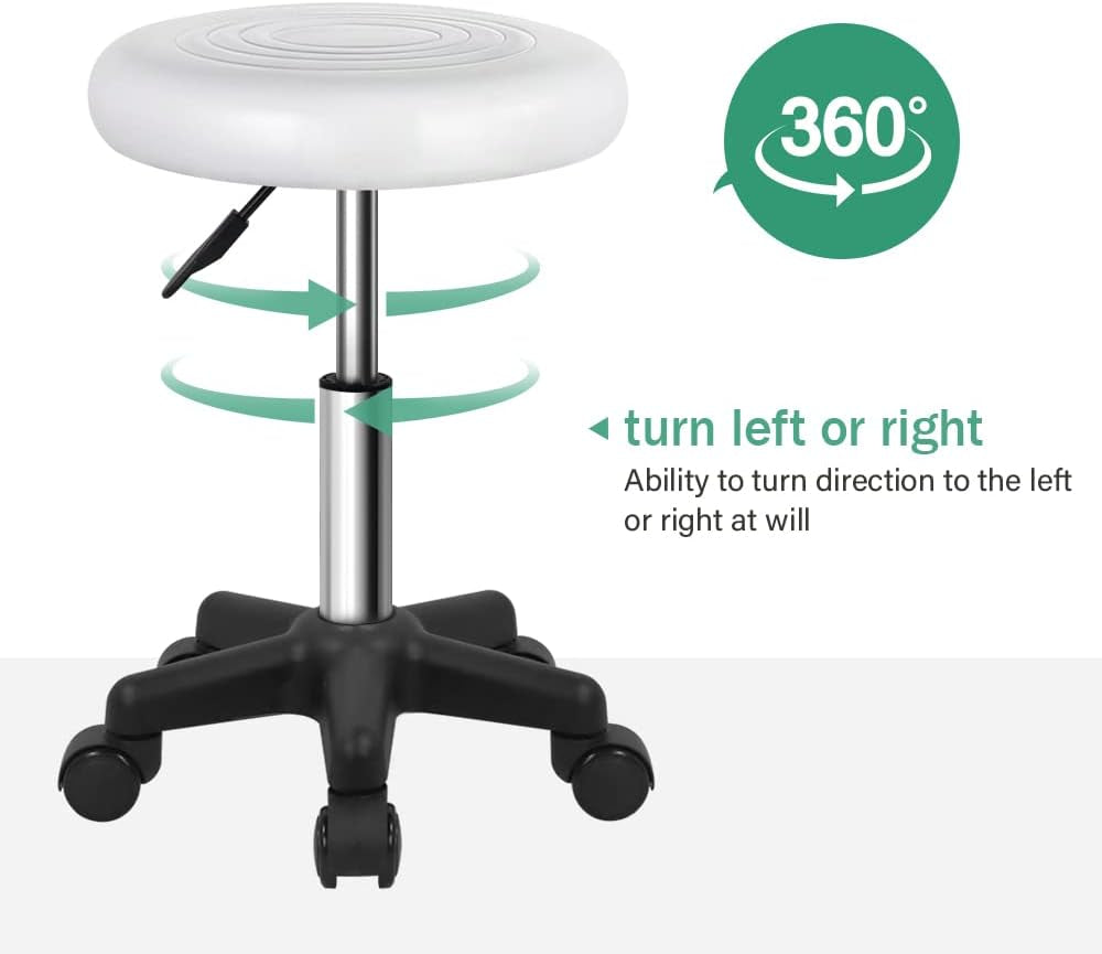 round Swivel Stool with Wheels PU Leahter Rolling Stool Height Adjustable Stool for Spa Salon Massage White