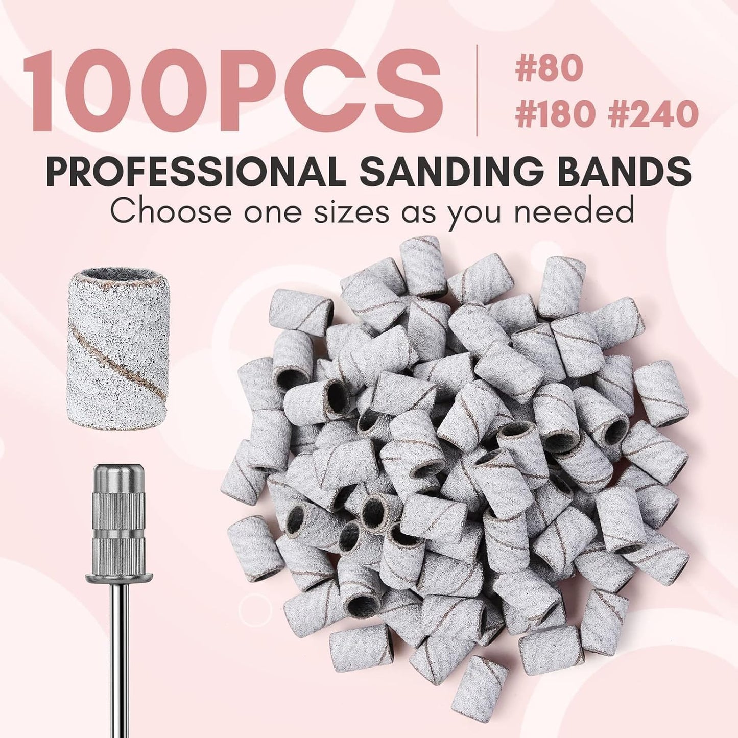 Sanding Bands for Nail Drill, 100 Pcs Nail File Sanding Bands for Drill Bits #180 Medium Grits for Acrylic Nails Gel Removing and Shaping, Upgrade Thicker Durable Sanding Drill Bit, White