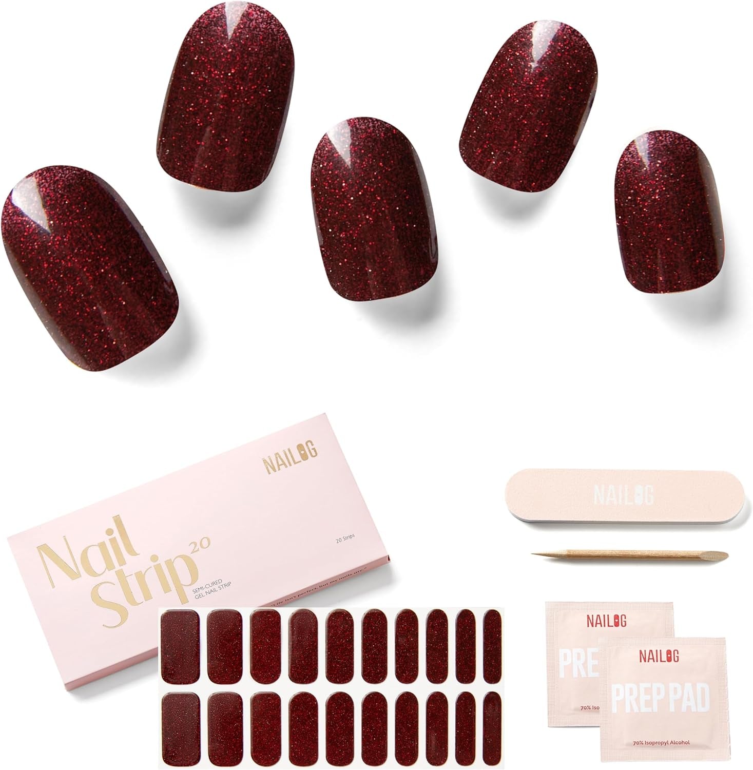 Semi Cured Gel Nail Strips (20 Extra Long Stickers/Wraps) | Buy 3 Get 1 UV Lamp| Glossy & Long Lasting Soft Gel Finishing (Red Carpet)