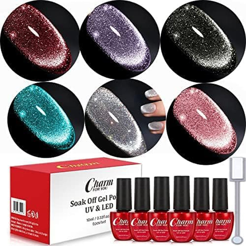 Cat Eye Gel Nail Polish Kits, Magnetic Gel Nail Polish 6 Colors, Reflective Sparkling Super Bright Explosion Diamond Glitter Bungee Soak off UV Broken Diamond Gel Nail Set with Double-Ended Magnet Stick