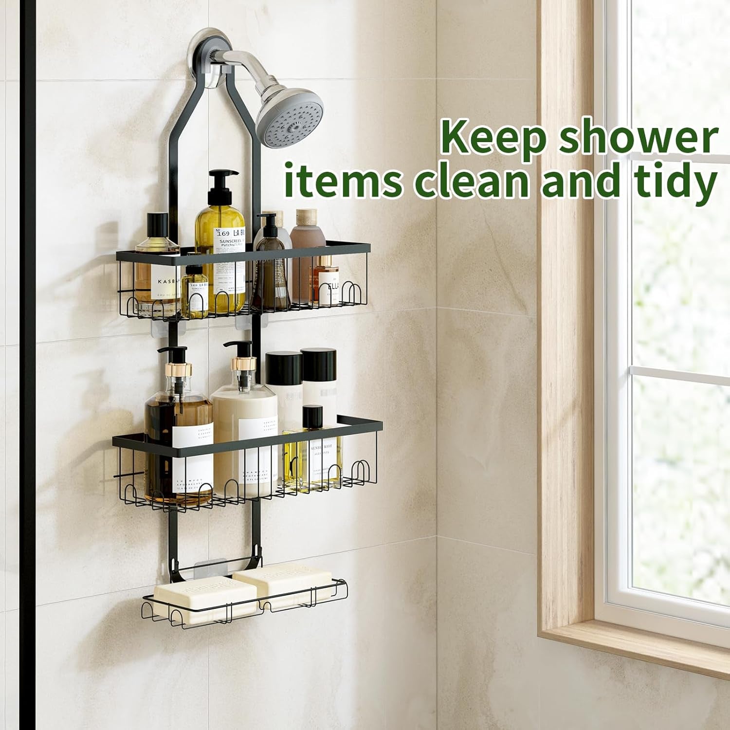 Shower Caddy Hanging over Head, Height Adjustable Bathroom Black Rustproof Shower Organizer Hanging Shelf Storage with 2 Soap Holders, Hooks for Towels, Sponge, Razor