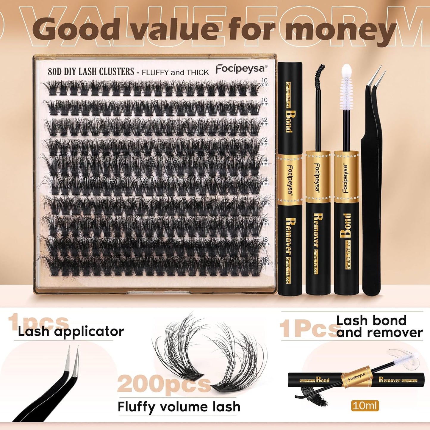 Lash Extension Kit Fluffy Eyelash Clusters Kit 10-18Mm Eyelash Extension Kit 80D Individual Lashes DIY Lash Extension Kit 200Pcs Lash Clusters with Bond Lash Remover Lash Applicator by