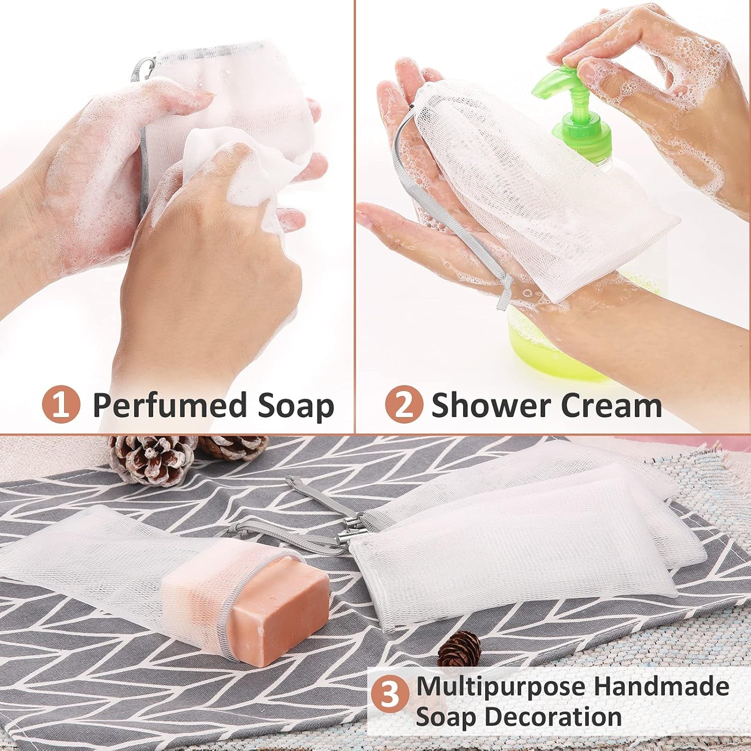 6 Pack Mesh Soap Bag Mesh Foaming Net Soap Sack Bags Soap Handmade Soap Bubble Mesh Net Bags with Drawstring for Bath & Shower (Gray）