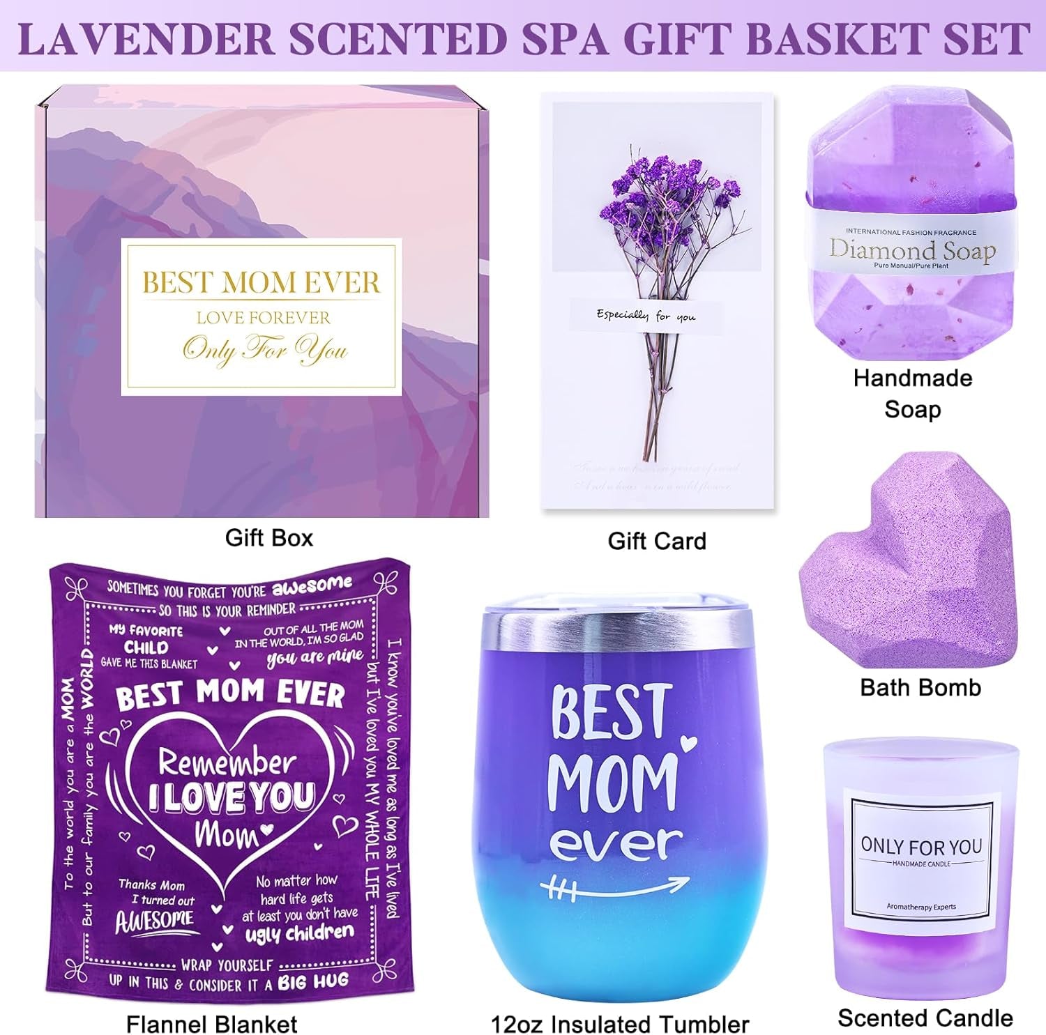 Gifts for Mom Women, Mother Gifts from Daughter Son, Relaxing Spa Gift Basket Set for Mom Sister Husband Mothers Day Gifts Bath Set Gift, Great Purple Blanket Gifts for Women