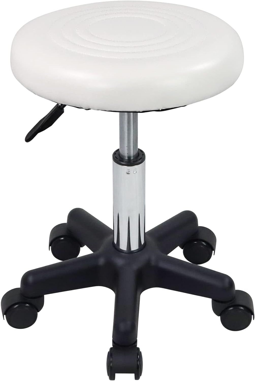 round Swivel Stool with Wheels PU Leahter Rolling Stool Height Adjustable Stool for Spa Salon Massage White