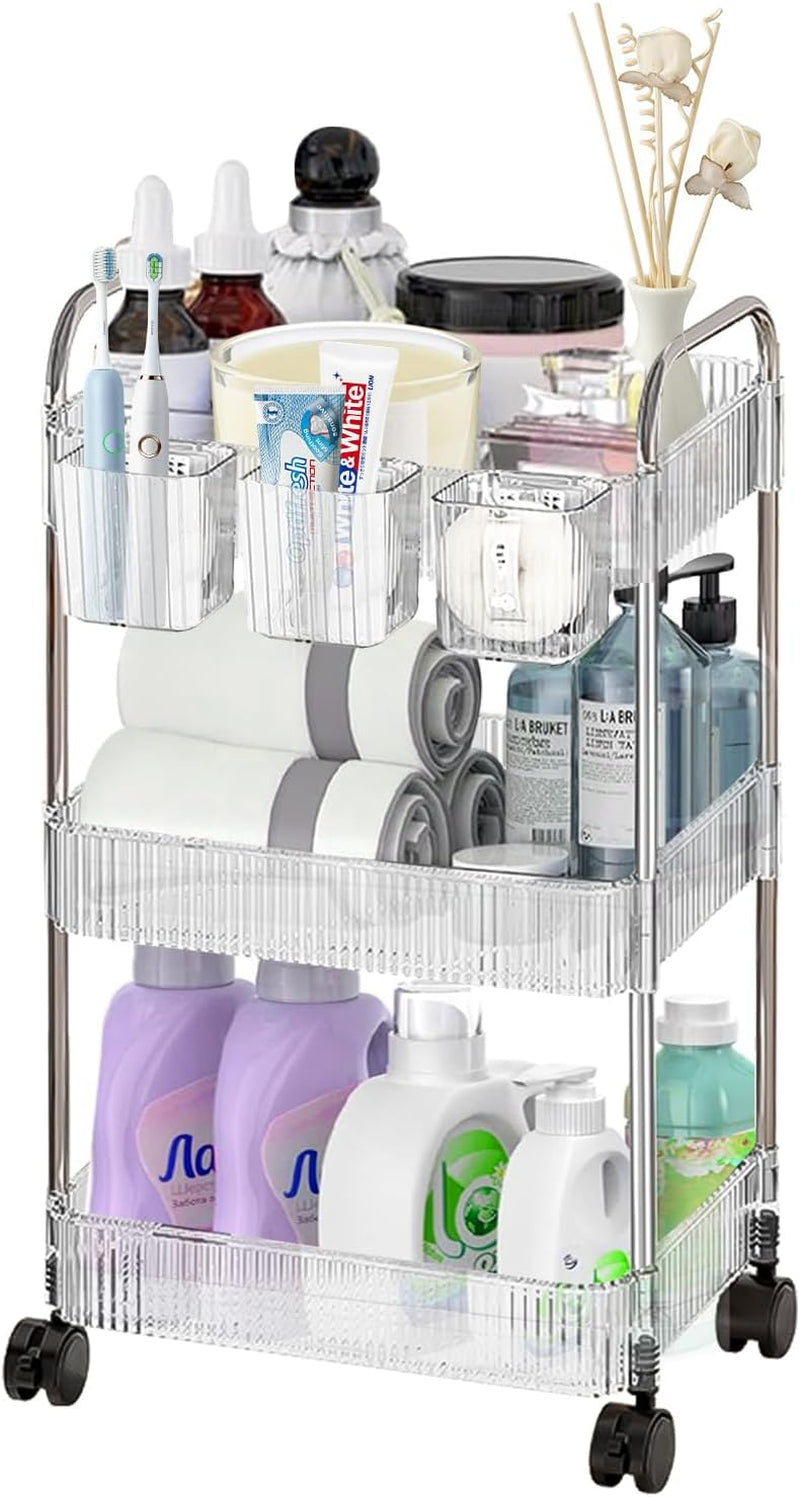 Acrylic Rolling Cart - 3 Tier Storage Organizer on Wheels for Bathroom, Makeup, Skincare, Cosmetic, Perfume, and Beauty Products