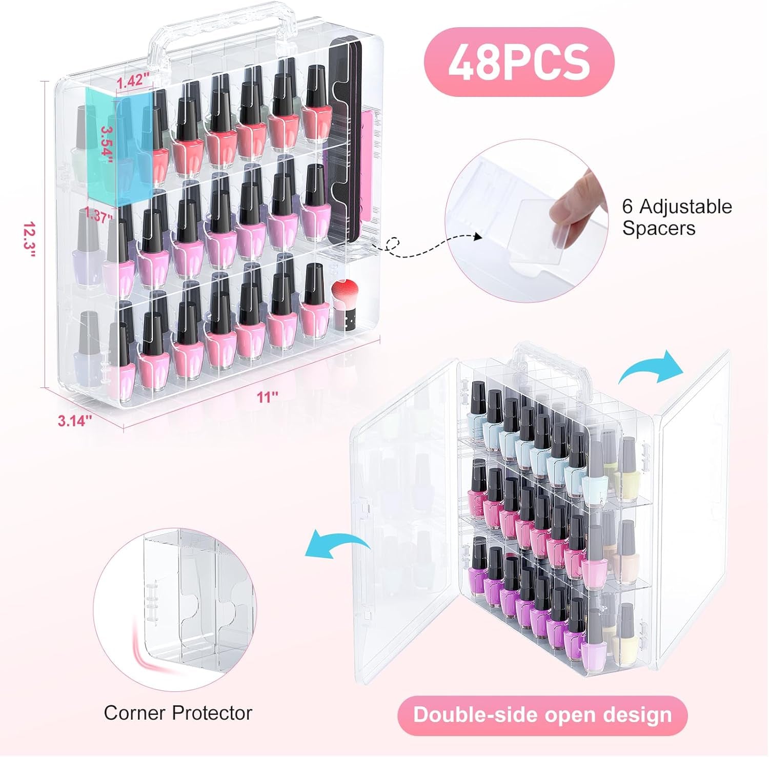 Nail Polish Organizer, 48 Bottles Transparent Nail Polish Holder with Adjustable Divider, Gel Nail Polish Storage Double Side Nail Polish Organizer Case for Storage Display