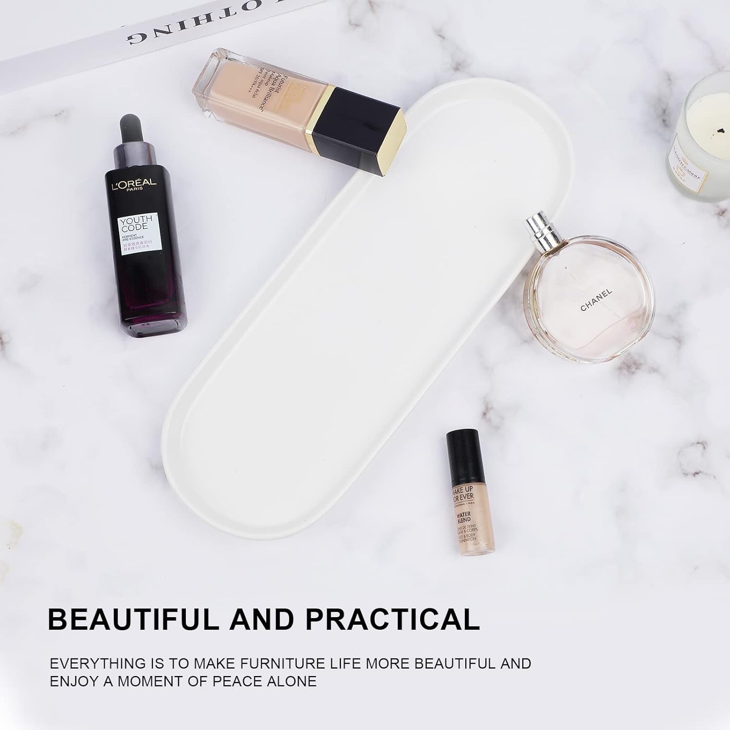 Ceramic Sink Tray, Bathroom Counter and Bathtub Organizer, Cosmetics Dish, Candle Holder, Perfume Shampoo Liquid Soap Holder - Simple Style Design for Bathroom and Kitchen (2Pcs White)