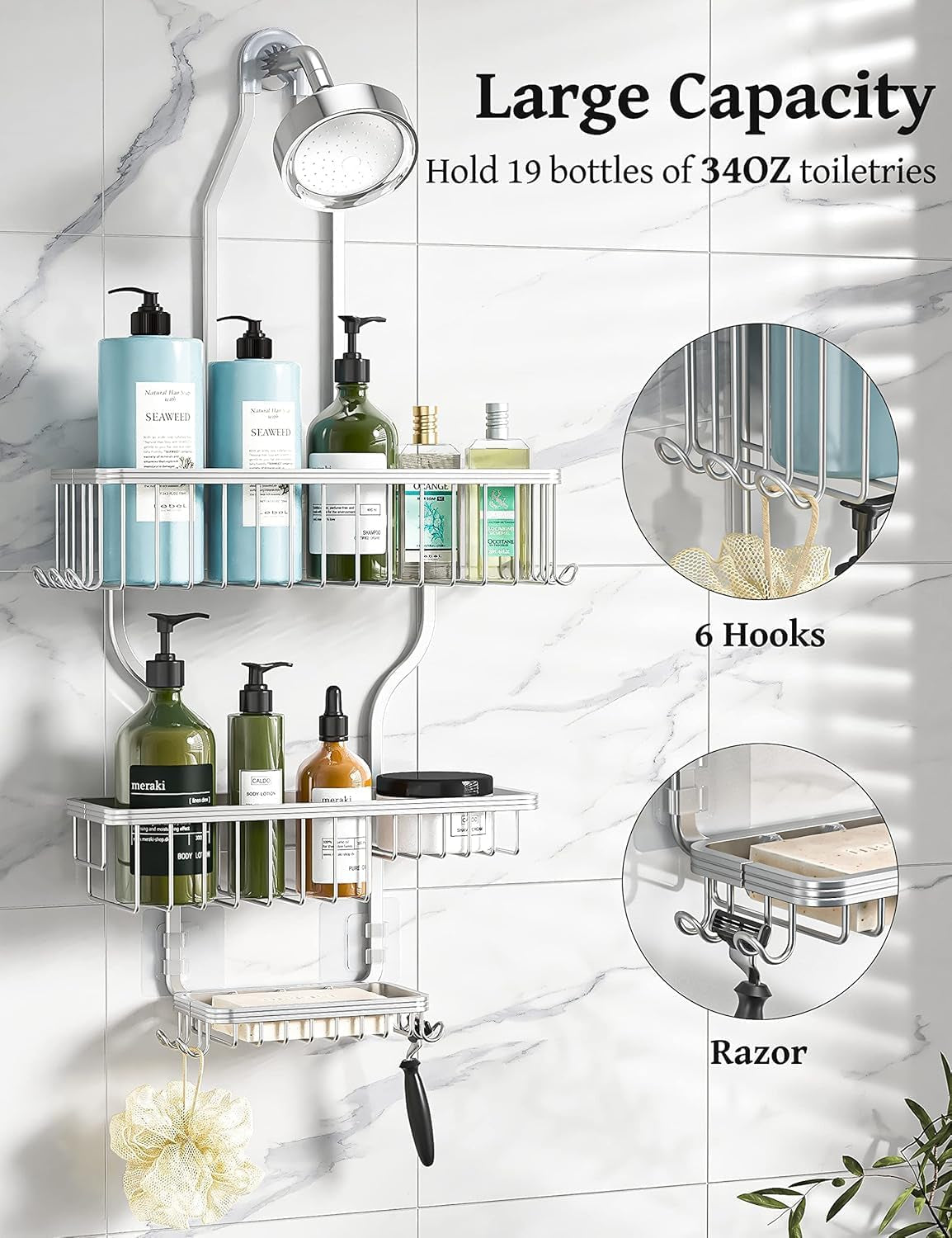 Shower Caddy Hanging - Never Rust Shower Organizer - Aluminum over the Head Caddy with 10 Hooks for Razor/Sponge - Rack with Soap Basket - Silver
