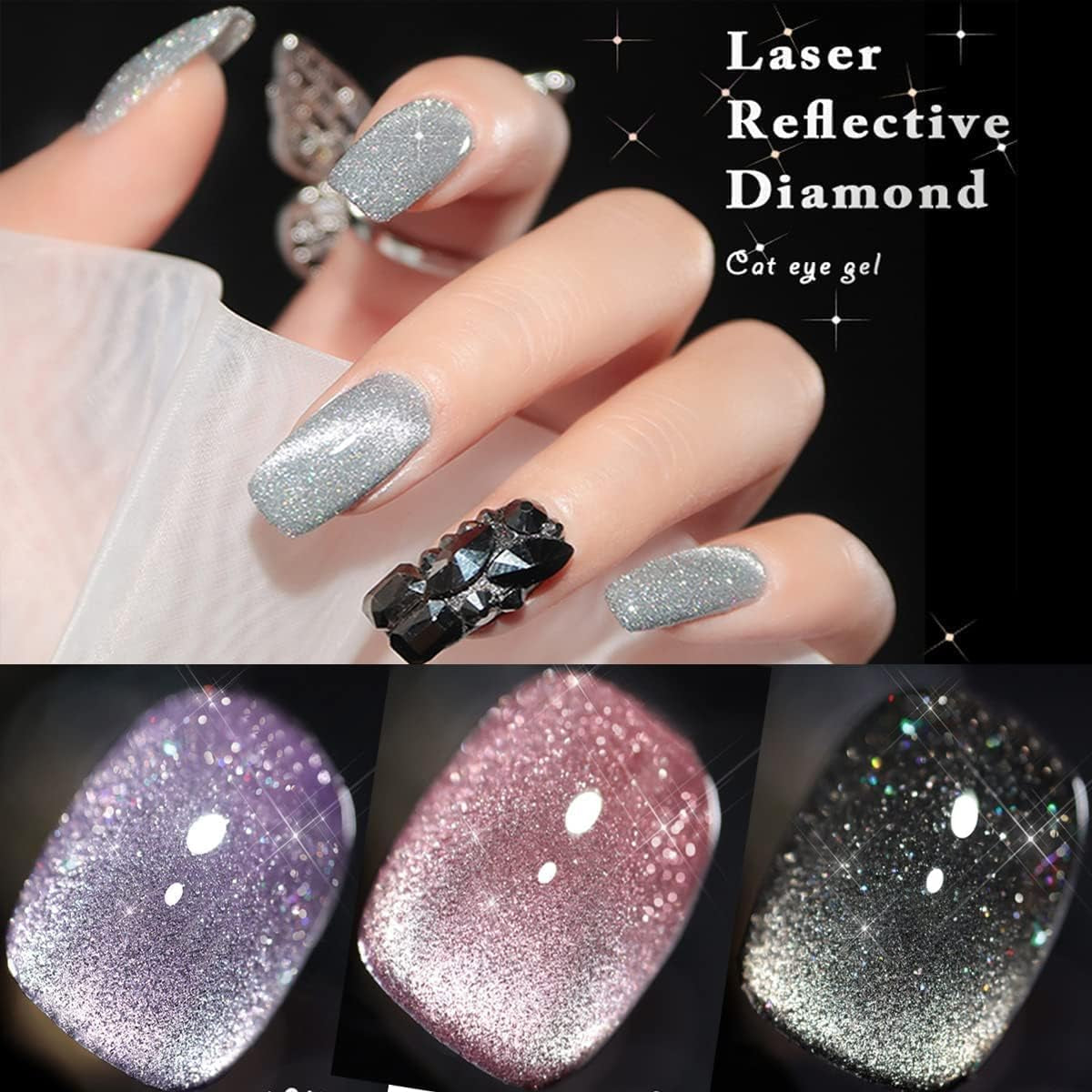 Cat Eye Gel Nail Polish Kits, Magnetic Gel Nail Polish 6 Colors, Reflective Sparkling Super Bright Explosion Diamond Glitter Bungee Soak off UV Broken Diamond Gel Nail Set with Double-Ended Magnet Stick