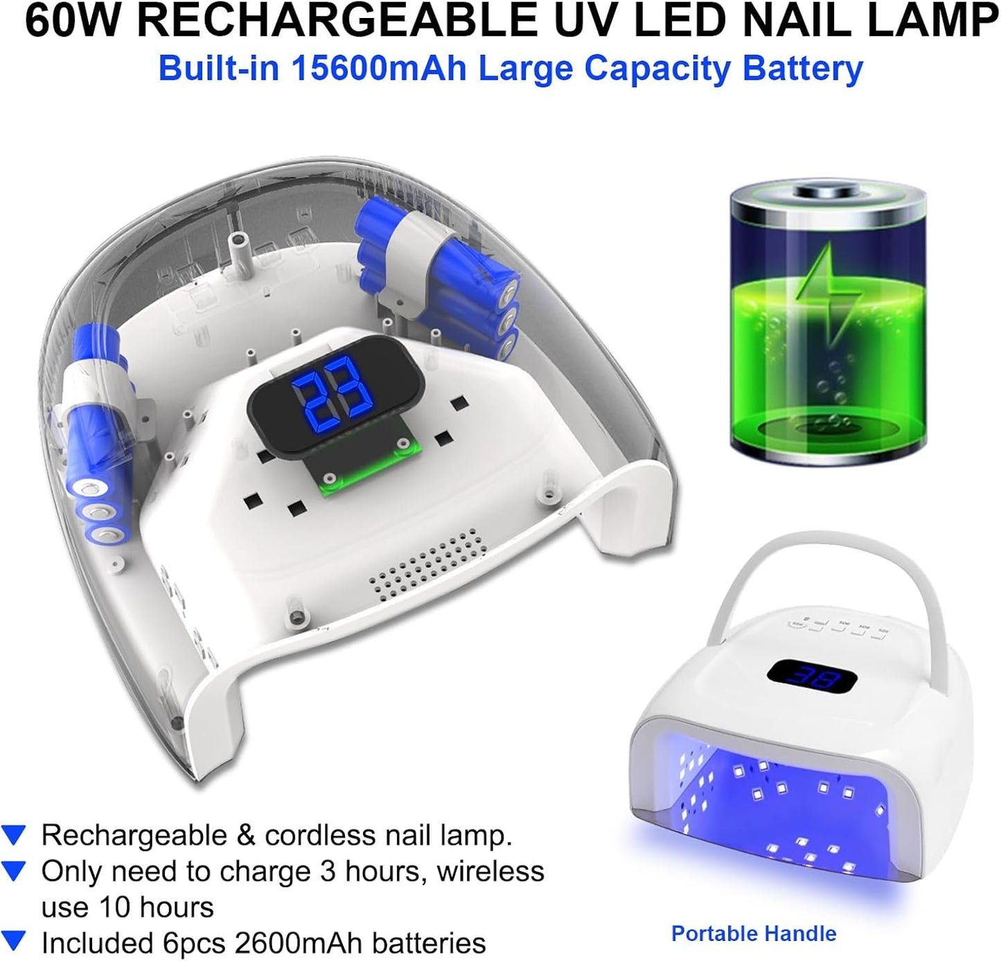 UV LED Nail Lamp,60W Professional Rechargeable UV LED Nail Dryer for Gel Nail Polish Dryer Fast Curing Lamp, 4 Timer Settings Gel Nail Lights for Auto Sensor Nail Machine (White)