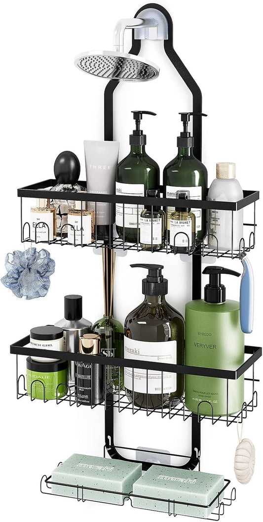 Shower Caddy Hanging over Head, Height Adjustable Bathroom Black Rustproof Shower Organizer Hanging Shelf Storage with 2 Soap Holders, Hooks for Towels, Sponge, Razor
