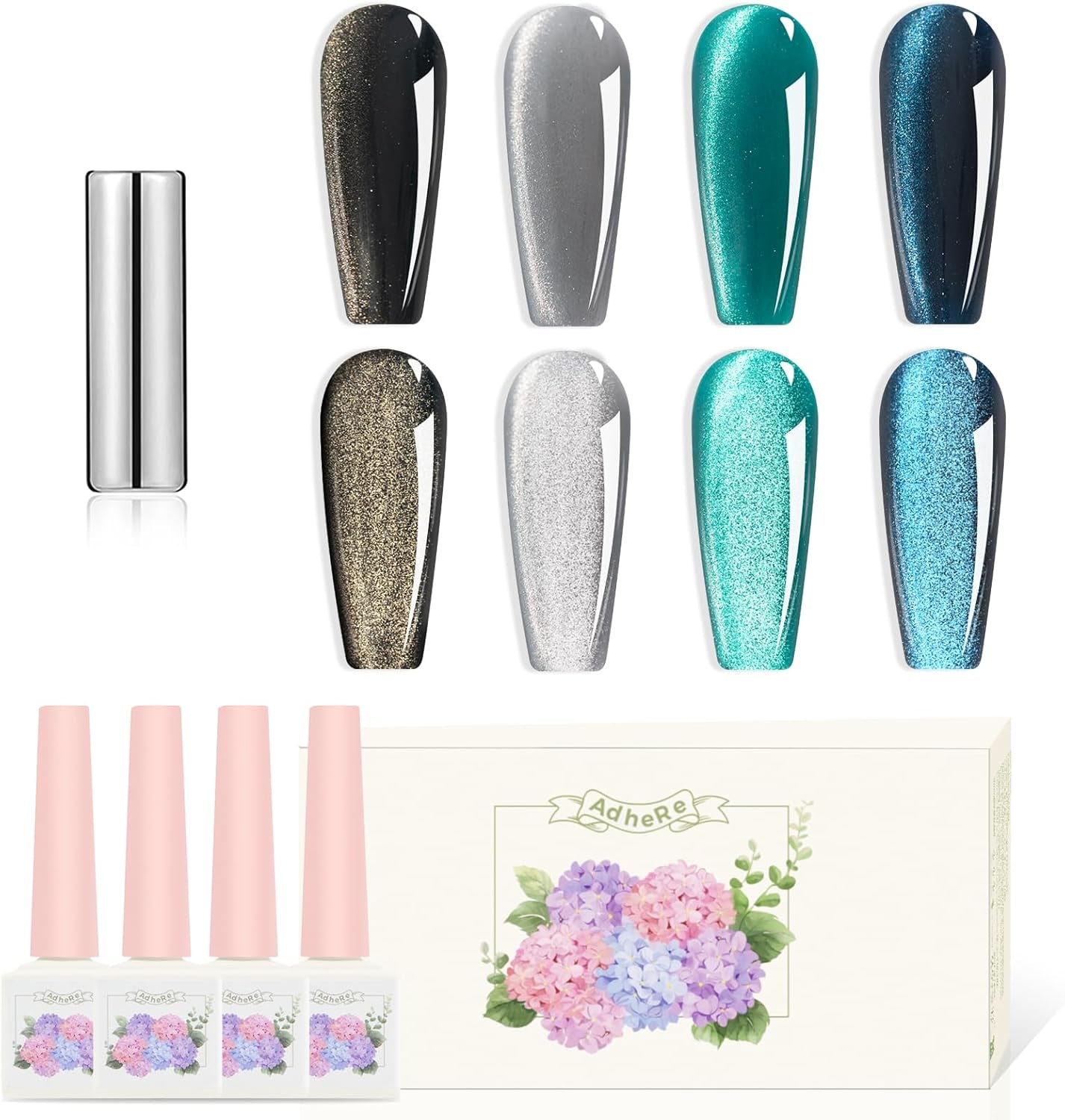 12Ml 4 Colors Cat Eye Nail Polish Gel Kit - Magnetic Silver Black Blue Glitter Gel Polish Cat Eye Gel Nail Polish Soak off Magnetic Varnish