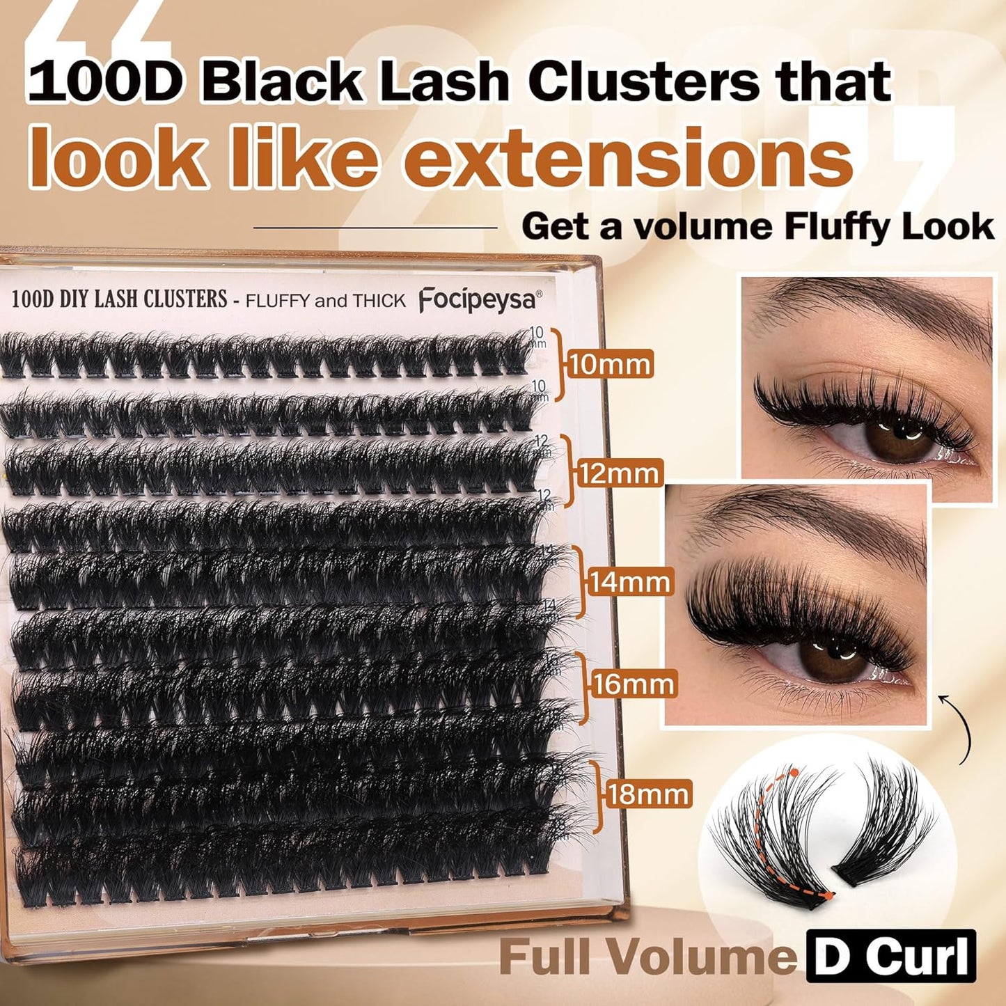 Fluffy Eyelash Extension Kit Volume Lash Clusters Kit 10-18Mm Individual Lashes Clusters 100D DIY Lash Extension Kit 200Pcs Clusters Lash with Bond and Remover Lash Applicator by