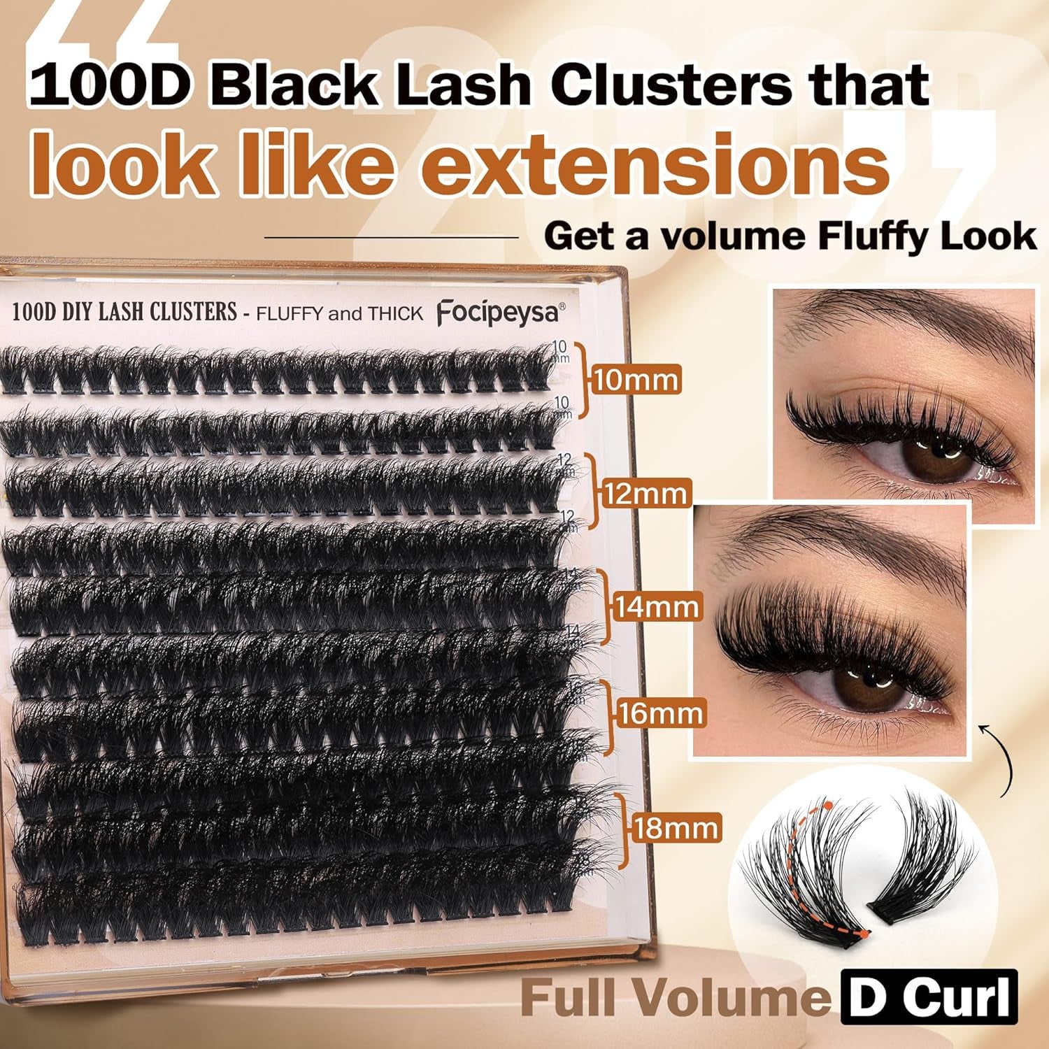 Fluffy Eyelash Extension Kit Volume Lash Clusters Kit 10-18Mm Individual Lashes Clusters 100D DIY Lash Extension Kit 200Pcs Clusters Lash with Bond and Remover Lash Applicator by