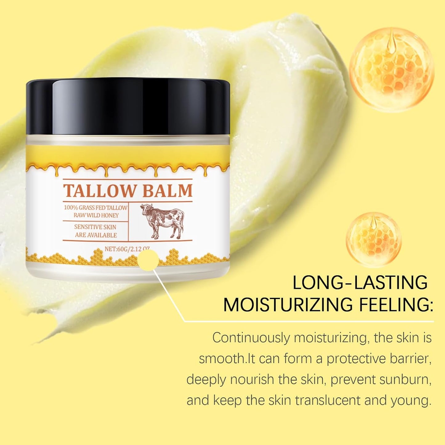 Beef Tallow Honey Skin Balm, 2Oz Premium Natural Moisturizer for Face and Body Hydration