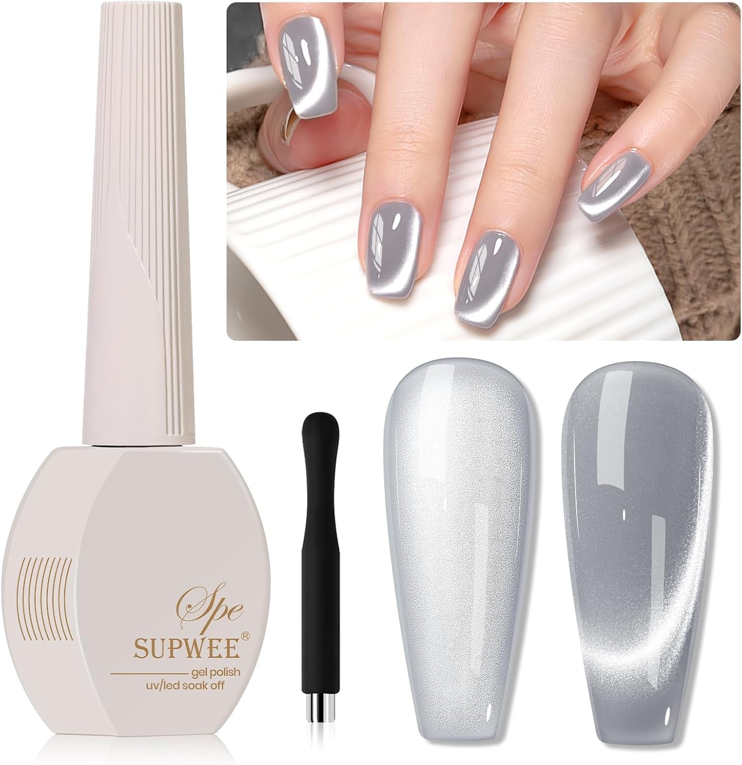 Silver Cat Eye Gel Nail Polish, Glitter Holographic Gel Polish with Magnet Moonlight Jelly Glass Magnetic Gel Polish Soak off U V Gel Salon DIY at Home,15Ml/ 0.5 OZ