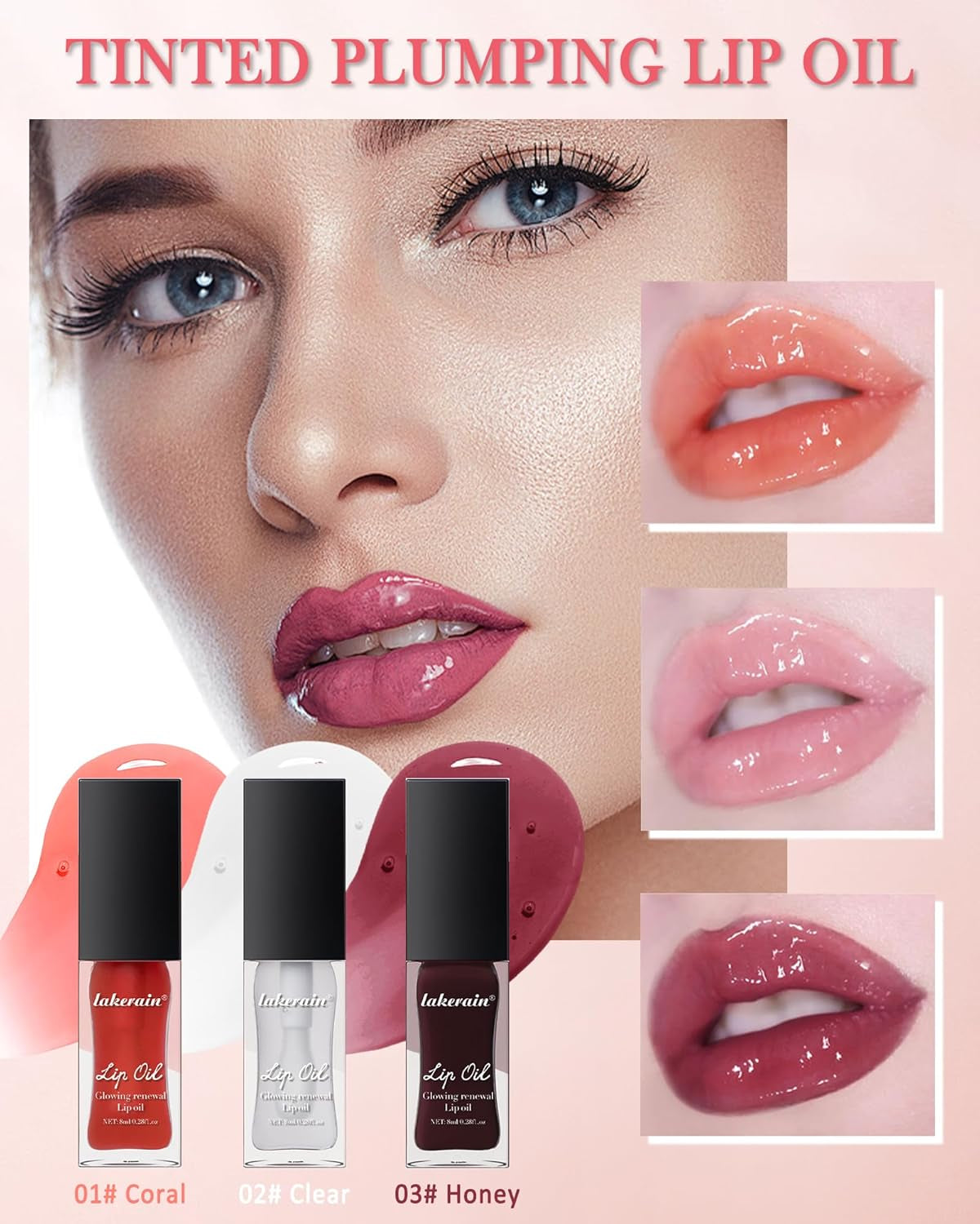 Glow Reviver Lip Care Oil-3Pcs Tinted Plumping Lip Oil Gloss, Hydrating Lip Glow Oil Plumper Lipgloss, Clear Moisturizing Shine Tint Lip Stain, Long Lasting Non-Sticky Lip Glaze Set for Women-A