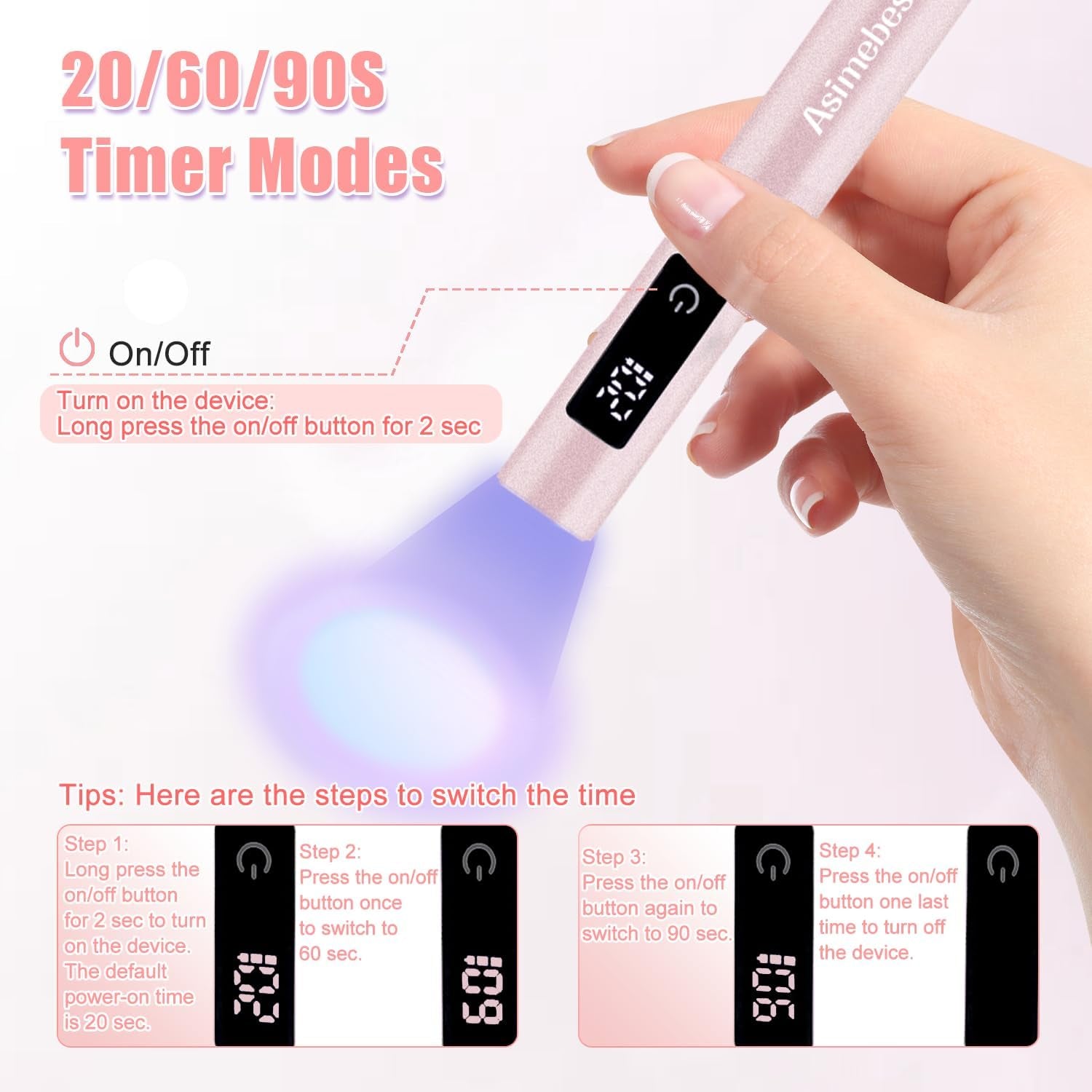 UV Lamp for Gel Nails, Mini UV Nail Lamp Hand Held with Stand, Portable Small Nail Dryer Light for Gel Polish with 3 Timers, Rechargeable Cordless UV Light Nail for Fast Curing, Rose