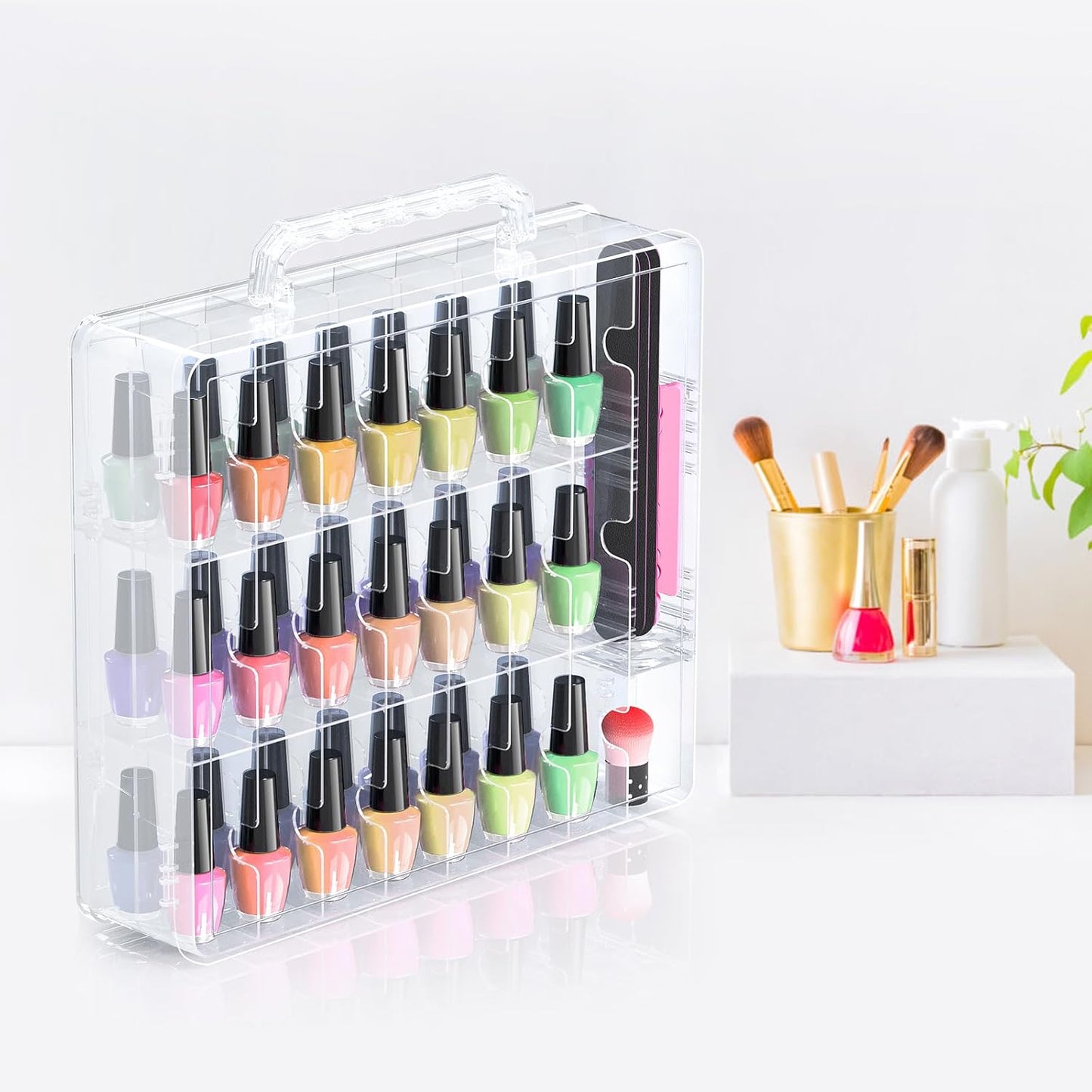 Nail Polish Organizer, 48 Bottles Transparent Nail Polish Holder with Adjustable Divider, Gel Nail Polish Storage Double Side Nail Polish Organizer Case for Storage Display