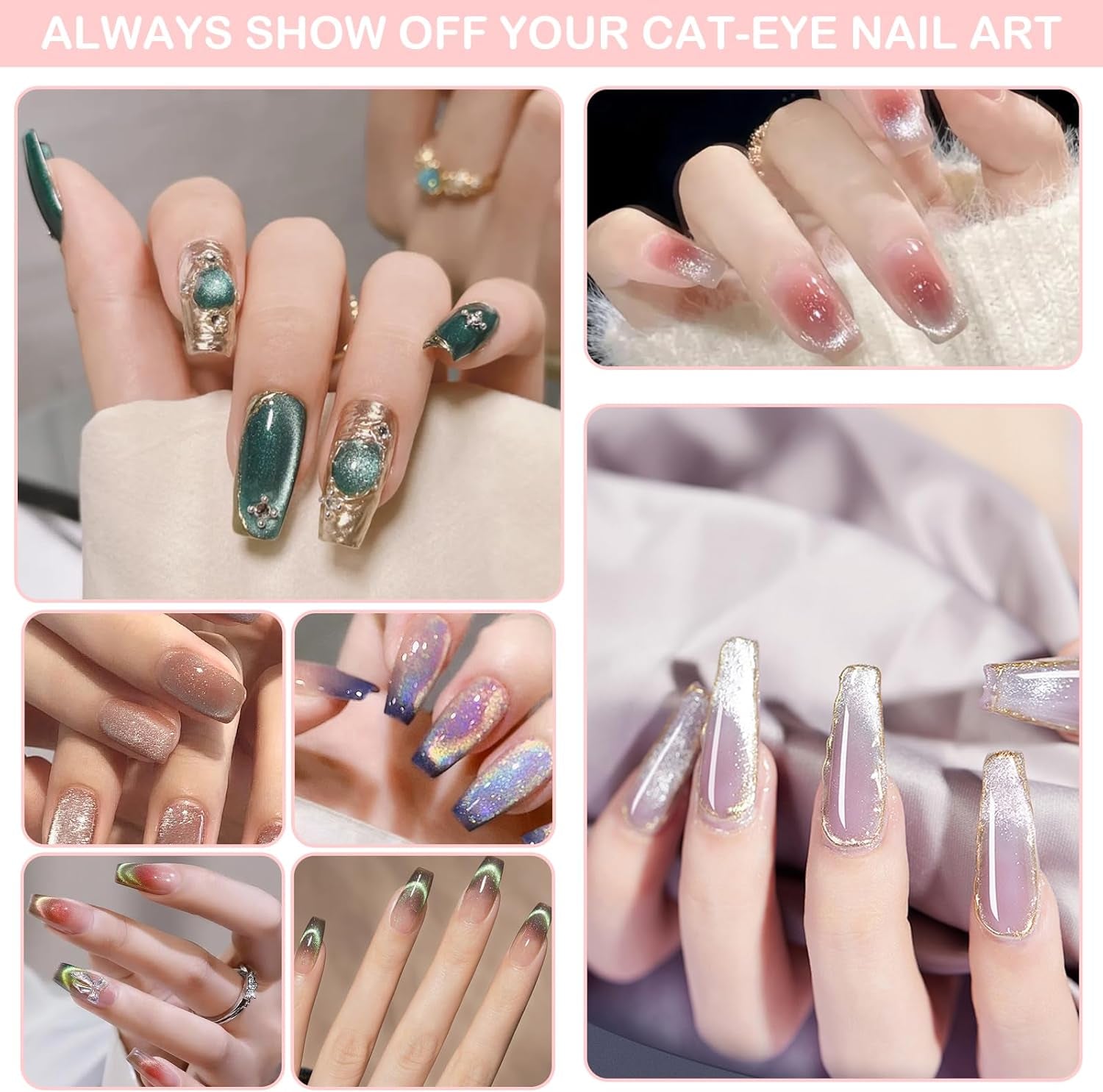 9Pcs Cat Eye Magnet for Nails, Cat Eye Gel Nail Polish Magnet Tools Set, Strong Suction Nail Polish Cat Eye Magnet Board Magnet for Nail Polish, Double-Ended Nail Design Tools Nail Accessories