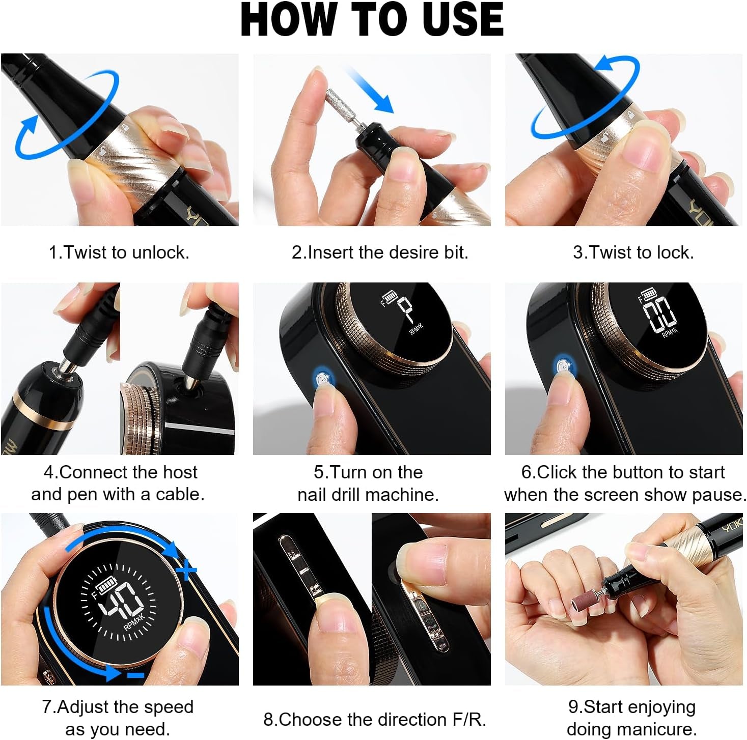 Electric Nail Drill - 40000RPM Nail Drill Machine for Acrylic Nail Kit with Nail Dust Brush for Dip Powder Manicure Pedicure Rechargeable Nail Drill Gift Set for Women