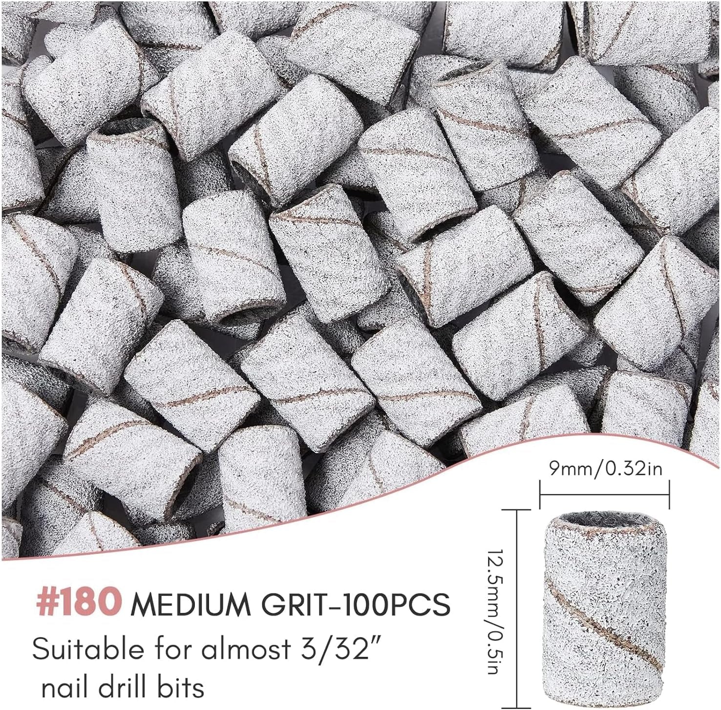 Sanding Bands for Nail Drill, 100 Pcs Nail File Sanding Bands for Drill Bits #180 Medium Grits for Acrylic Nails Gel Removing and Shaping, Upgrade Thicker Durable Sanding Drill Bit, White