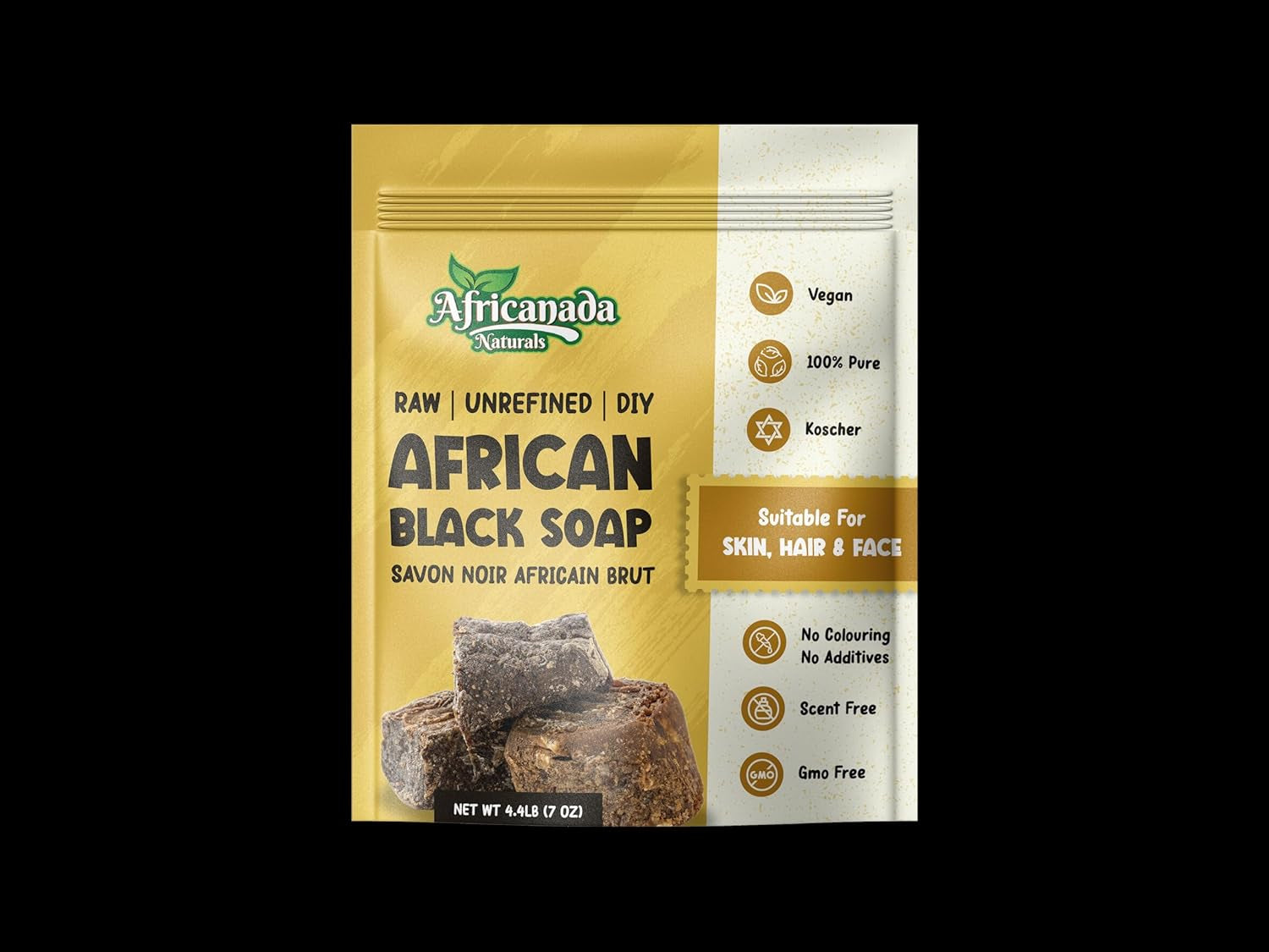Africanada Naturals Raw Unrefined African Black Soap | Natrual | for DIY Face, Body, Hands | 100% Pure | Organic from Africa | Resealable Bag | 4.4 LB (7 Oz)
