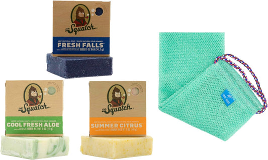 Aftrican Net Sponge and Dr. Squatch Soap Bundle: Summer Citrus, Cool Fresh Aloe, Fresh Falls, & African Net Sponge - Natural Mens Soap Bars, Sasquatch Soap, Exfoliating African Net Cloth, Shower Sponge