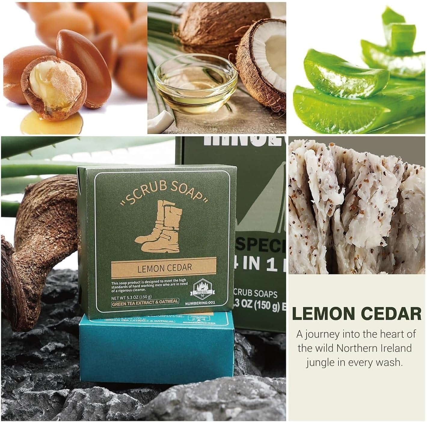 Mens Bar Soap 4Pcs Natural Soap Bar Set Cleansing Bar Moisturizing&Exfoliating Scrub Soap Gift Set Travelling for Men Face Body Hand Beard Wash 4 in 1 All Skin Type |5.3 Oz of 4 Bars