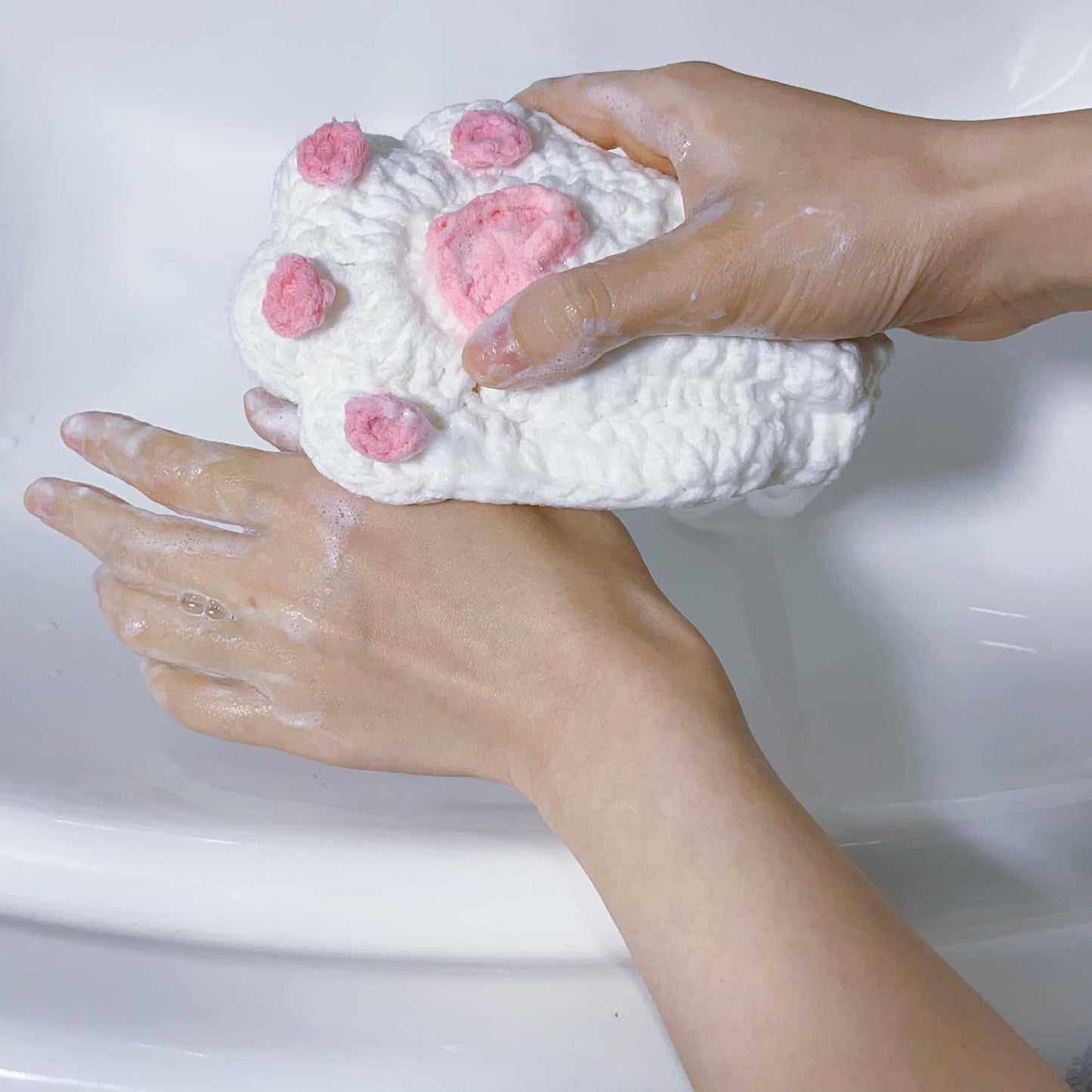 Handmade Crocheted Cat Claw Paw Soap Bags, Natural Cotton Soap Savers for Bar Soap, Foaming and Drying the Soap (Brown) (White and Pink Paw)