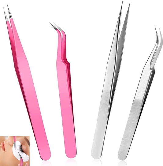 Lash Tweezers Eyelash Extension 4 Set - Precision Stainless Steel Craft Tools for Volume Lashes, False Lash Application - Straight and Curved Tip - Fine Workmanship, Non-Slip Handle