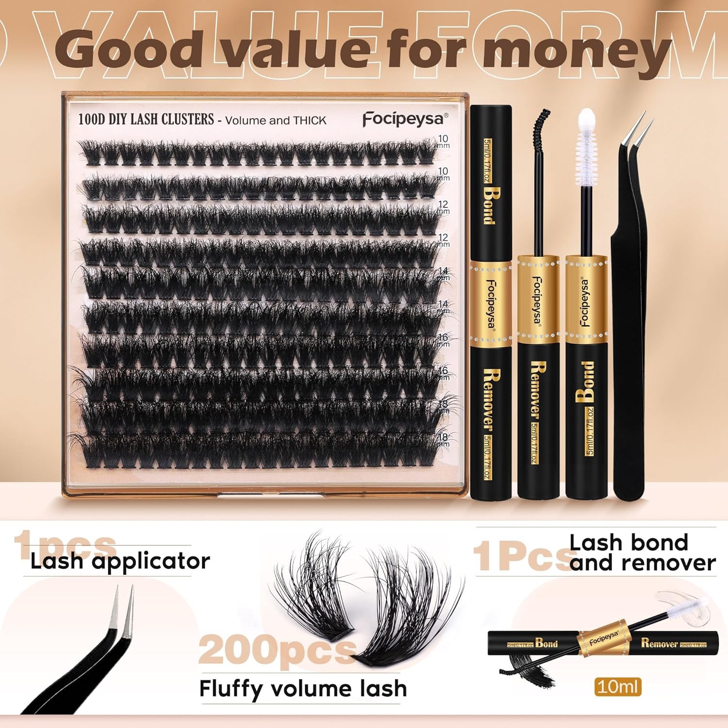 Fluffy Eyelash Extension Kit Volume Lash Clusters Kit 10-18Mm Individual Lashes Clusters 100D DIY Lash Extension Kit 200Pcs Clusters Lash with Bond and Remover Lash Applicator by
