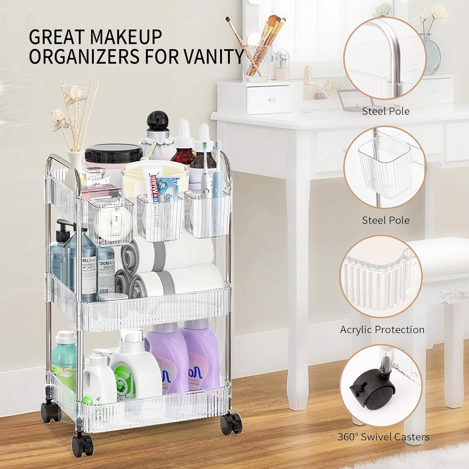 Acrylic Rolling Cart - 3 Tier Storage Organizer on Wheels for Bathroom, Makeup, Skincare, Cosmetic, Perfume, and Beauty Products