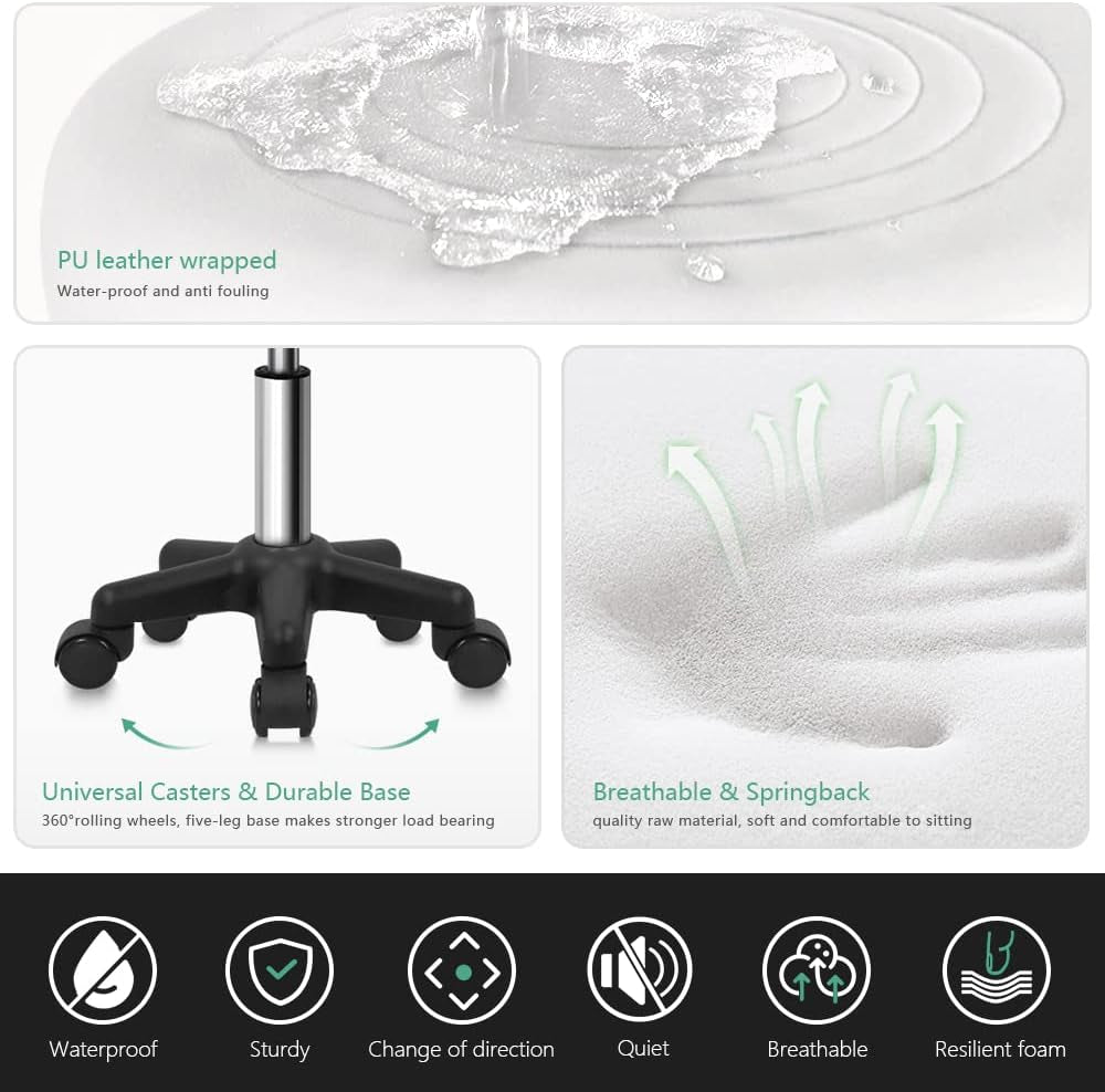 round Swivel Stool with Wheels PU Leahter Rolling Stool Height Adjustable Stool for Spa Salon Massage White