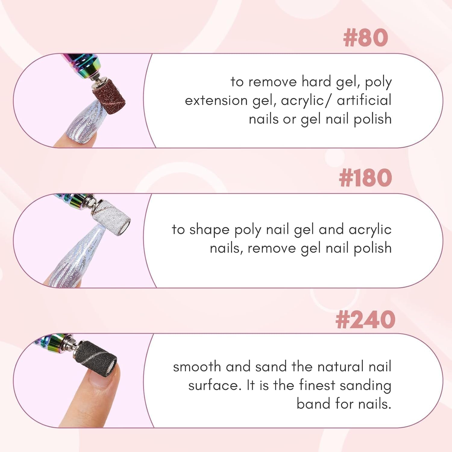 Sanding Bands for Nail Drill, 100 Pcs Nail File Sanding Bands for Drill Bits #180 Medium Grits for Acrylic Nails Gel Removing and Shaping, Upgrade Thicker Durable Sanding Drill Bit, White