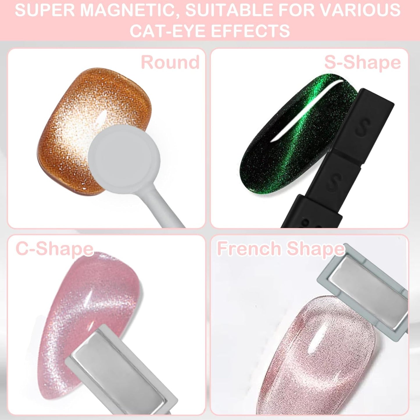 9Pcs Cat Eye Magnet for Nails, Cat Eye Gel Nail Polish Magnet Tools Set, Strong Suction Nail Polish Cat Eye Magnet Board Magnet for Nail Polish, Double-Ended Nail Design Tools Nail Accessories