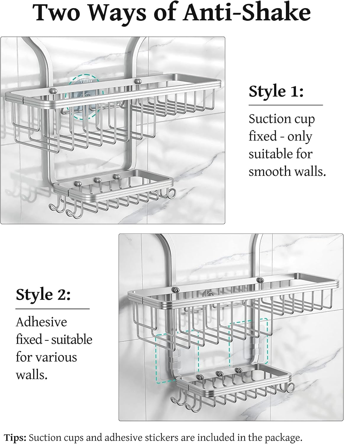Shower Caddy Hanging - Never Rust Shower Organizer - Aluminum over the Head Caddy with 10 Hooks for Razor/Sponge - Rack with Soap Basket - Silver